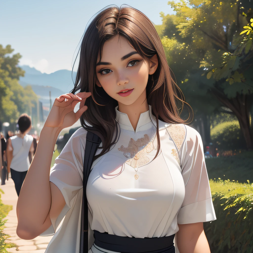 sfw, (Extremely detailed 8k wallpaper:2), (photo:2), (soigne Beautiful girl:2), (gives a lecture to friends:2), detailed (Face and eyes), (hyper realistic:1), (highly detailed:1), (epic realistic:1), rim light, (maximum details:1), cozy, (fullbody:1.0), (looking at viewer:2.0), (Woman's Attractive Qualities:2), (Attractive Woman:2), (Attractive:2), Smile, Intelligence, Empathy, Gracefulness, Sense of Style, Fitness, Grooming, Optimism, (Sensitivity:2), Sincerity, Romantic Gestures, Playfulness, Fashion Sense, (Sensuality:2), Charm, Modesty, Thoughtfulness, (Femininity:1), Flirtatiousness, Warmth, (Physical attractiveness:2), A beautiful smile, A love of life, strength and power, vulnerability, curiosity, wonder, love, (nature background:2), kawaii, waifu, Beautiful breasts, (attractive body:2), (Beautiful body:2), Beautiful pose, attractive pose, (Beautiful legs:1.0), (spread legs:1.0), (Beautiful clothes:1), (classic clothes:2), (elegant clothes:2), (European clothes:2), detailed clothes, (skirt:1), (blouse:1), (provocative pose)