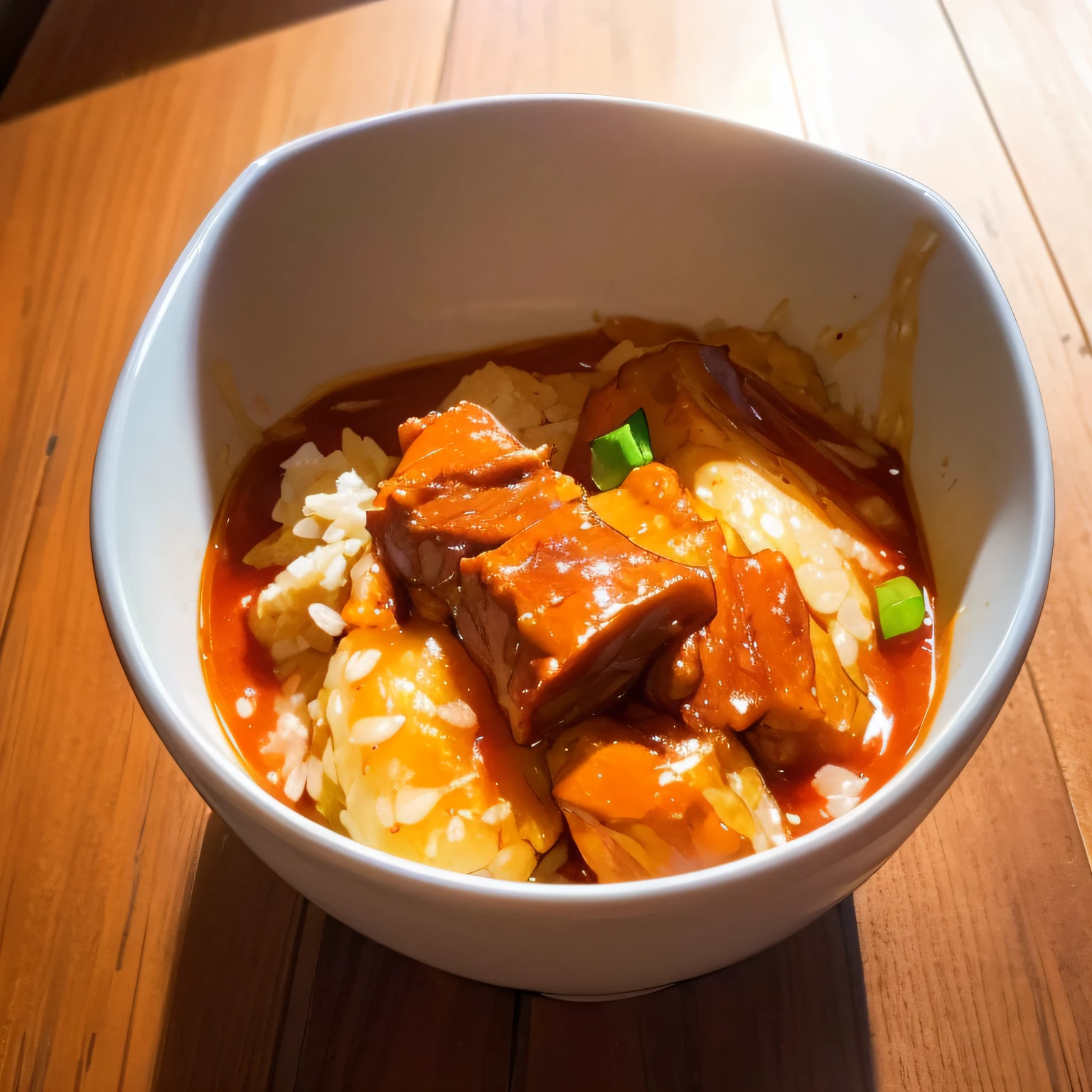 A ricebox filled white rice rendang, beef, pork and melted cheese, (best quality,4k,8k,highres,masterpiece:1.2), illustration, high detail, soft lighting, delicious, spicy, tasteful, aesthetically pleasing, studio lighting, trending