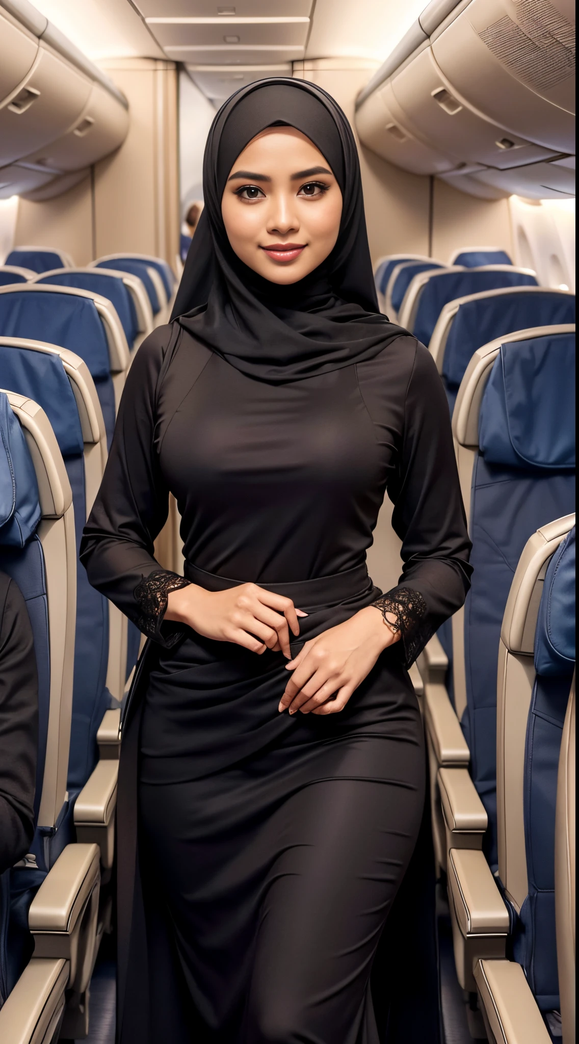 RAW, Best quality, high resolution, masterpiece: 1.3), beautiful Malay woman in hijab (iu:0.8),1woman, 、very detailed face、Detailed lips、Detailed eyes(、Smiling while walking slowly down the aisle)、( Long flight attendant uniform: 1,2)(long skirt),(Glamorous body)、(Big breasts)、thighs, Perfect fit, Perfect image realism, Background with: (Business Class aisle on the plane: 1.2), Cowboy Shot, Deep background - in , detailed costumes, perfect lighting, hyper-realism, (photorealistic: 1.4), maximum resolution 8K, (masterpiece), highly detailed, professional