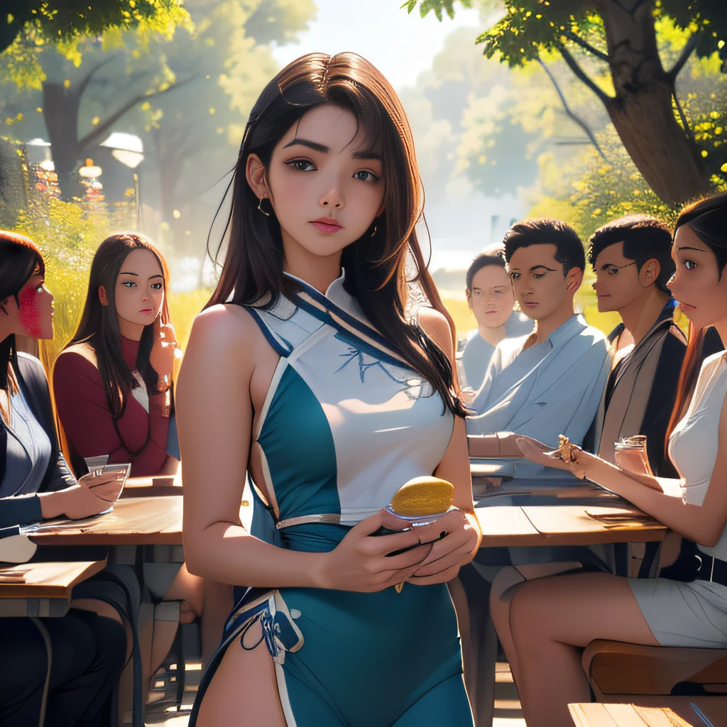 sfw, (Extremely detailed 8k wallpaper:2), (photo:2), (soigne Beautiful girl:2), (gives a lecture to friends:2), detailed (Face and eyes), (hyper realistic:1), (highly detailed:1), (epic realistic:1), rim light, (maximum details:1), cozy, (fullbody:1.0), (looking at viewer:2.0), (Woman's Attractive Qualities:2), (Attractive Woman:2), (Attractive:2), Smile, Intelligence, Empathy, Gracefulness, Sense of Style, Fitness, Grooming, Optimism, (Sensitivity:2), Sincerity, Romantic Gestures, Playfulness, Fashion Sense, (Sensuality:2), Charm, Modesty, Thoughtfulness, (Femininity:1), Flirtatiousness, Warmth, (Physical attractiveness:2), A beautiful smile, A love of life, strength and power, vulnerability, curiosity, wonder, love, (nature background:2), kawaii, waifu, Beautiful breasts, (attractive body:2), (Beautiful body:2), Beautiful pose, attractive pose, (Beautiful legs:1.0), (spread legs:1.0), (Beautiful clothes:1), (classic clothes:2), (elegant clothes:2), (European clothes:2), detailed clothes, (skirt:1), (blouse:1), (provocative pose)