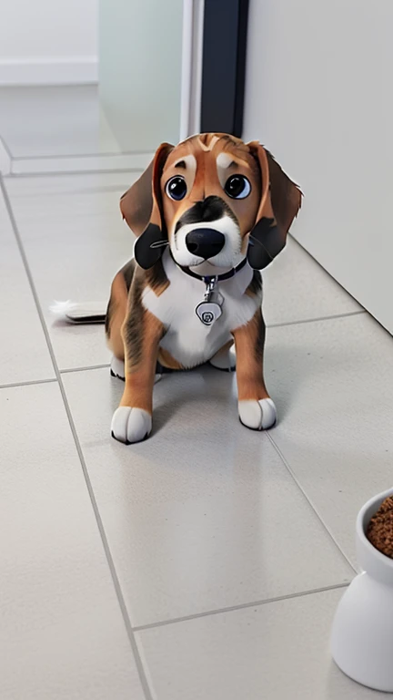 A Beagle dog sitting on a white floor