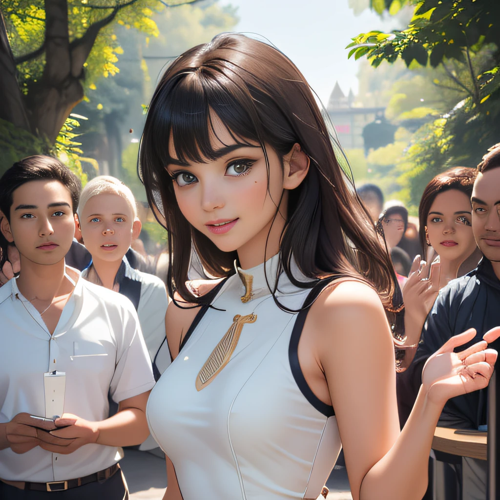 sfw, (Extremely detailed 8k wallpaper:2), (photo:2), (soigne Beautiful girl:2), (gives a lecture to friends:2), detailed (Face and eyes), (hyper realistic:1), (highly detailed:1), (epic realistic:1), rim light, (maximum details:1), cozy, (fullbody:1.0), (looking at viewer:2.0), (Woman's Attractive Qualities:2), (Attractive Woman:2), (Attractive:2), Smile, Intelligence, Empathy, Gracefulness, Sense of Style, Fitness, Grooming, Optimism, (Sensitivity:2), Sincerity, Romantic Gestures, Playfulness, Fashion Sense, (Sensuality:2), Charm, Modesty, Thoughtfulness, (Femininity:1), Flirtatiousness, Warmth, (Physical attractiveness:2), A beautiful smile, A love of life, strength and power, vulnerability, curiosity, wonder, love, (nature background:2), kawaii, waifu, Beautiful breasts, (attractive body:2), (Beautiful body:2), Beautiful pose, attractive pose, (Beautiful legs:1.0), (spread legs:1.0), (Beautiful clothes:1), (classic clothes:2), (elegant clothes:2), (European clothes:2), detailed clothes, (skirt:1), (blouse:1), (provocative pose)