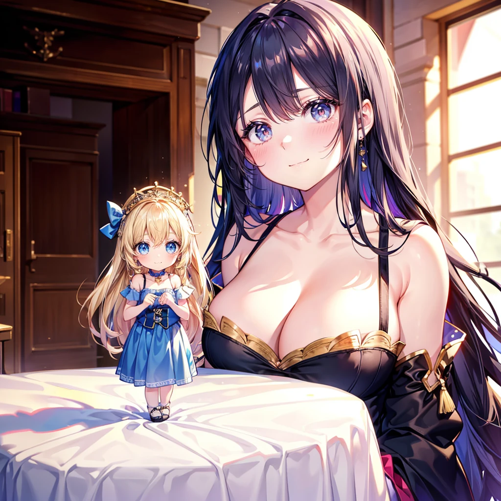 eye contact, looking down at a girl on a table, two girls (looking at another:1.2), (height_difference:1.6), (size_difference:1.4), giantess, princess, (2girls:1.5), (yuri:1.4), giantess, girl, two girls together, she is much taller than her, (a giantess looking down at a girl on a table), she is looking down at her, a giantess staring down at a girl on a table, a giantess looming over a girl, eyes, face, collarbone, a giantess with a girl in front of her breasts, elfgirl, long hair, big breasts