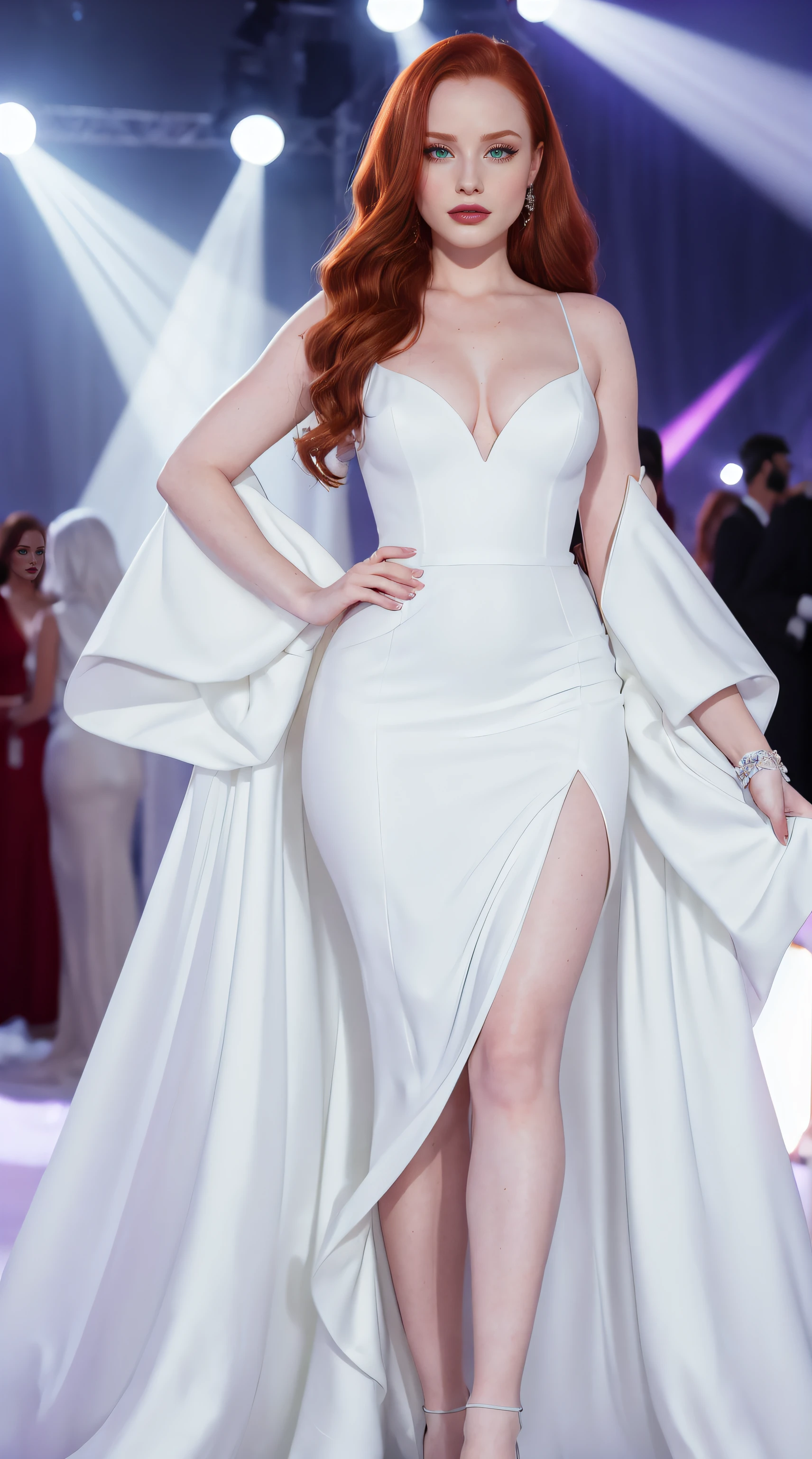 madelaine petsch, (((arriving at an big event))), (((white Evening gown))), 60's, distant image, ((full body photography)), ((insanely detailed face)), (((photography4k))), ((night)), (((colorful spotlights))), cores vivas, fundo vivo, sozinha, holofotes