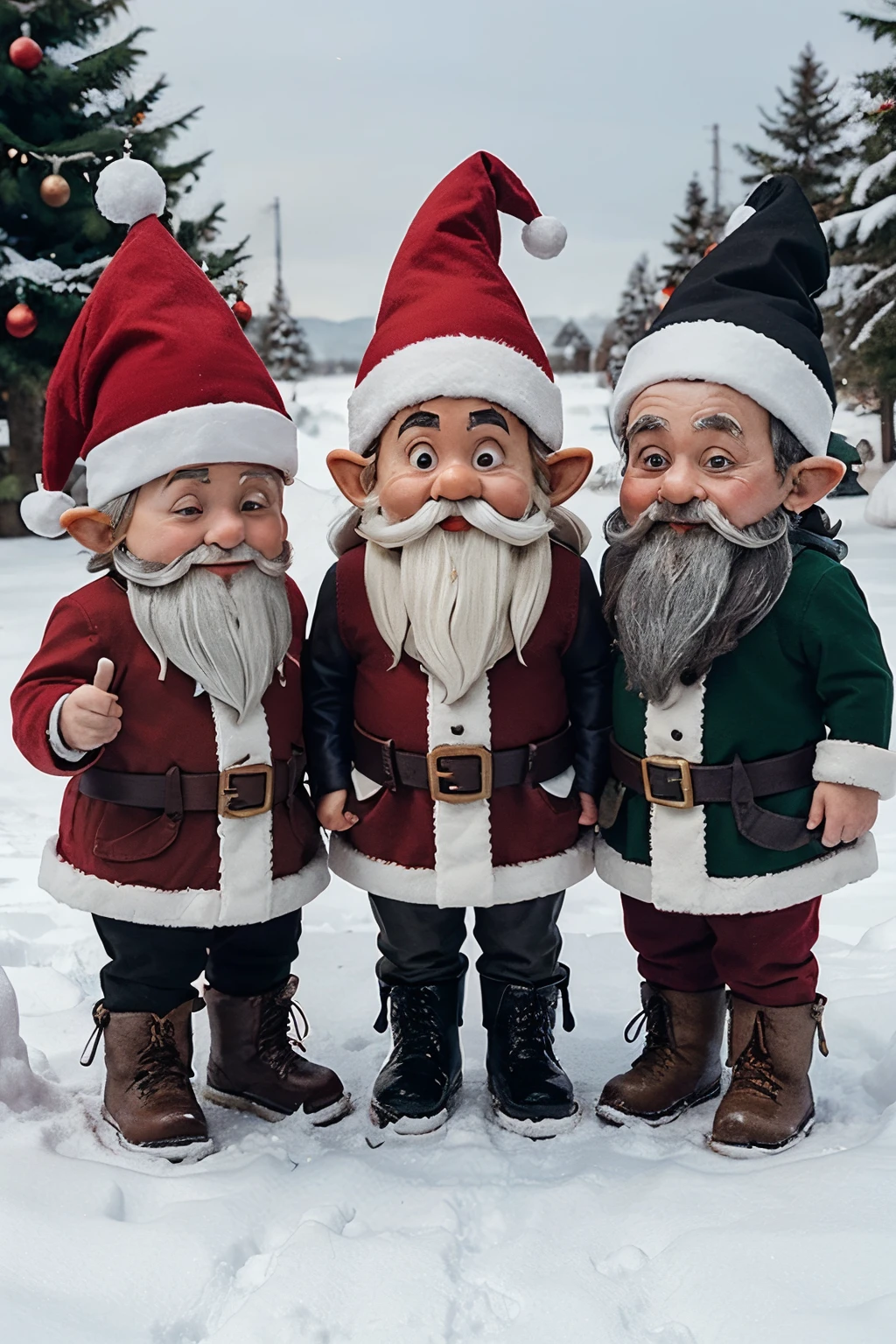 an instagram profile picture of 3 Christmas gnomes brothers in the middle the tall black one in the right the red one and in the left the green one with some red and white lines