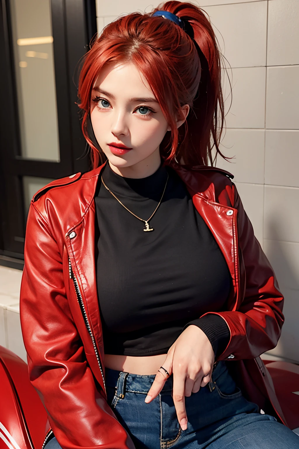 Beautiful woman with blue eyes, red hair, ponytail, black blouse and red jacket, sitting on a red motorbike, beautiful woman, 8k, good quality, American Girl