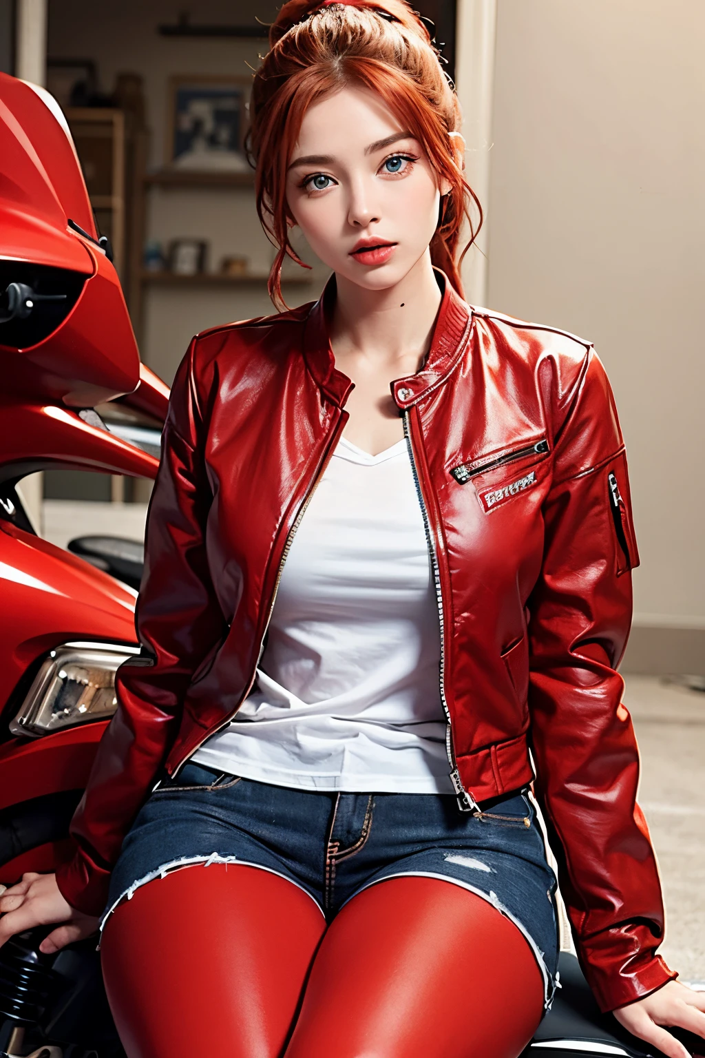 Beautiful woman with blue eyes, red hair, ponytail, black blouse and red jacket, sitting on a red motorbike, beautiful woman, 8k, good quality, American Girl