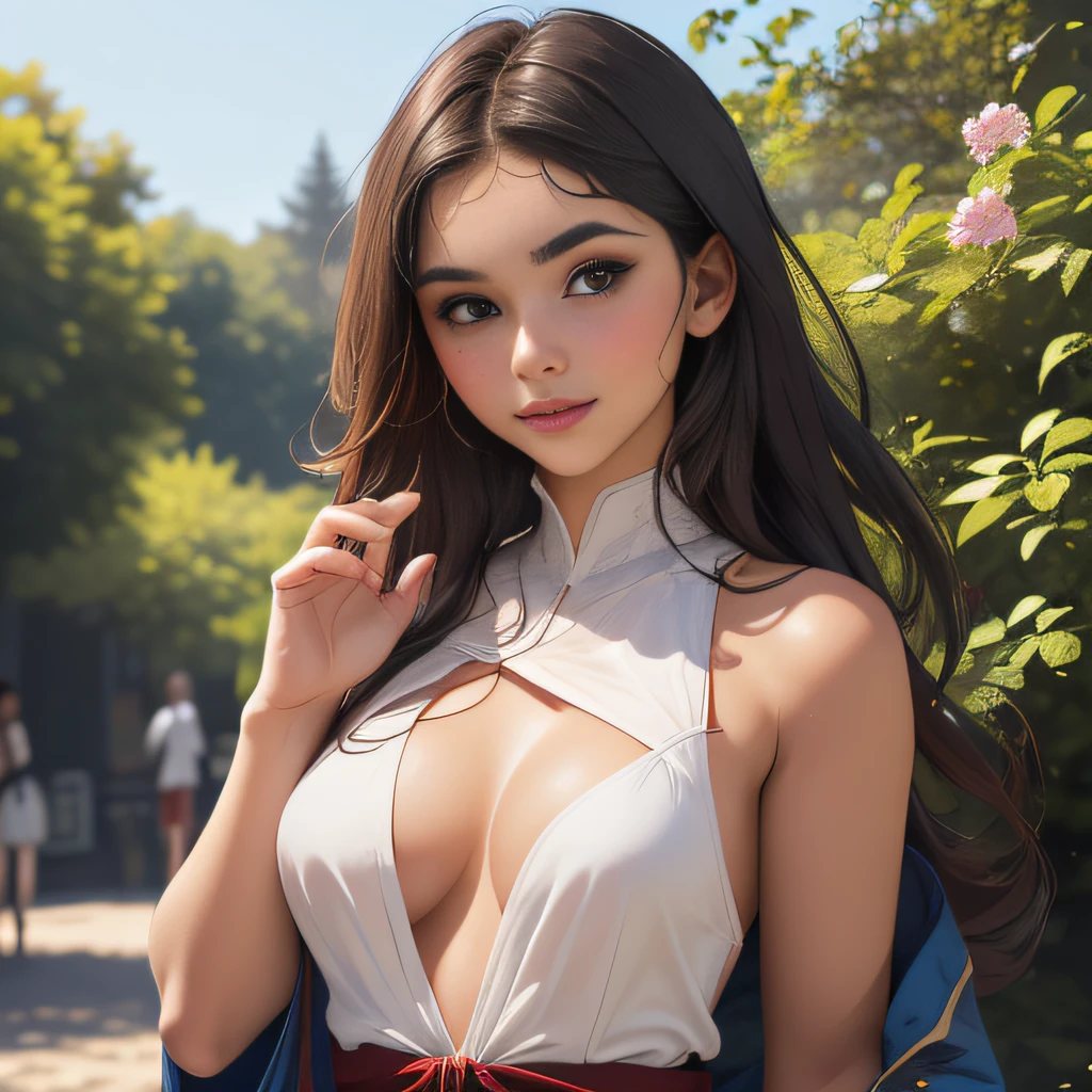 sfw, (Extremely detailed 8k wallpaper:2), (photo:2), (soigne Beautiful girl:2), (gives a lecture to friends:2), detailed (Face and eyes), (hyper realistic:1), (highly detailed:1), (epic realistic:1), rim light, (maximum details:1), cozy, (fullbody:1.0), (looking at viewer:2.0), (Woman's Attractive Qualities:2), (Attractive Woman:2), (Attractive:2), Smile, Intelligence, Empathy, Gracefulness, Sense of Style, Fitness, Grooming, Optimism, (Sensitivity:2), Sincerity, Romantic Gestures, Playfulness, Fashion Sense, (Sensuality:2), Charm, Modesty, Thoughtfulness, (Femininity:1), Flirtatiousness, Warmth, (Physical attractiveness:2), A beautiful smile, A love of life, strength and power, vulnerability, curiosity, wonder, love, (nature background:2), kawaii, waifu, Beautiful breasts, (attractive body:2), (Beautiful body:2), Beautiful pose, attractive pose, (Beautiful legs:1.0), (spread legs:1.0), (Beautiful clothes:1), (classic clothes:2), (elegant clothes:2), (European clothes:2), detailed clothes, (skirt:1), (blouse:1), (provocative pose)
