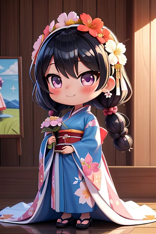 fotoRealstic、Nedroid in wedding dress arranged in kimono standing in front of painting、Boca aberta e sorriso largo、aquarela Nendoroid、(High Definition Figure)、Seda iridescente fluindo、para cima do rosto、De olho、Nos olhos♥、vestido floral、There are also flowers in front of the Nendroids、flower petals、season!!: 夏天☀ 🍂