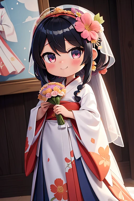 fotoRealstic、Nedroid in wedding dress arranged in kimono standing in front of painting、Boca aberta e sorriso largo、aquarela Nendoroid、(High Definition Figure)、Seda iridescente fluindo、para cima do rosto、De olho、Nos olhos♥、vestido floral、There are also flowers in front of the Nendroids、flower petals、season!!: 夏天☀ 🍂