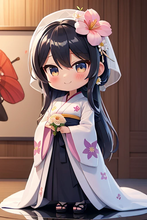 fotoRealstic、Nedroid in wedding dress arranged in kimono standing in front of painting、Boca aberta e sorriso largo、aquarela Nendoroid、(High Definition Figure)、Seda iridescente fluindo、para cima do rosto、De olho、Nos olhos♥、vestido floral、There are also flowers in front of the Nendroids、flower petals、season!!: 夏天☀ 🍂