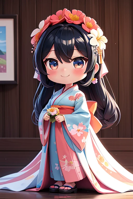 fotoRealstic、Nedroid in wedding dress arranged in kimono standing in front of painting、Boca aberta e sorriso largo、aquarela Nendoroid、(High Definition Figure)、Seda iridescente fluindo、para cima do rosto、De olho、Nos olhos♥、vestido floral、There are also flowers in front of the Nendroids、flower petals、season!!: 夏天☀ 🍂
