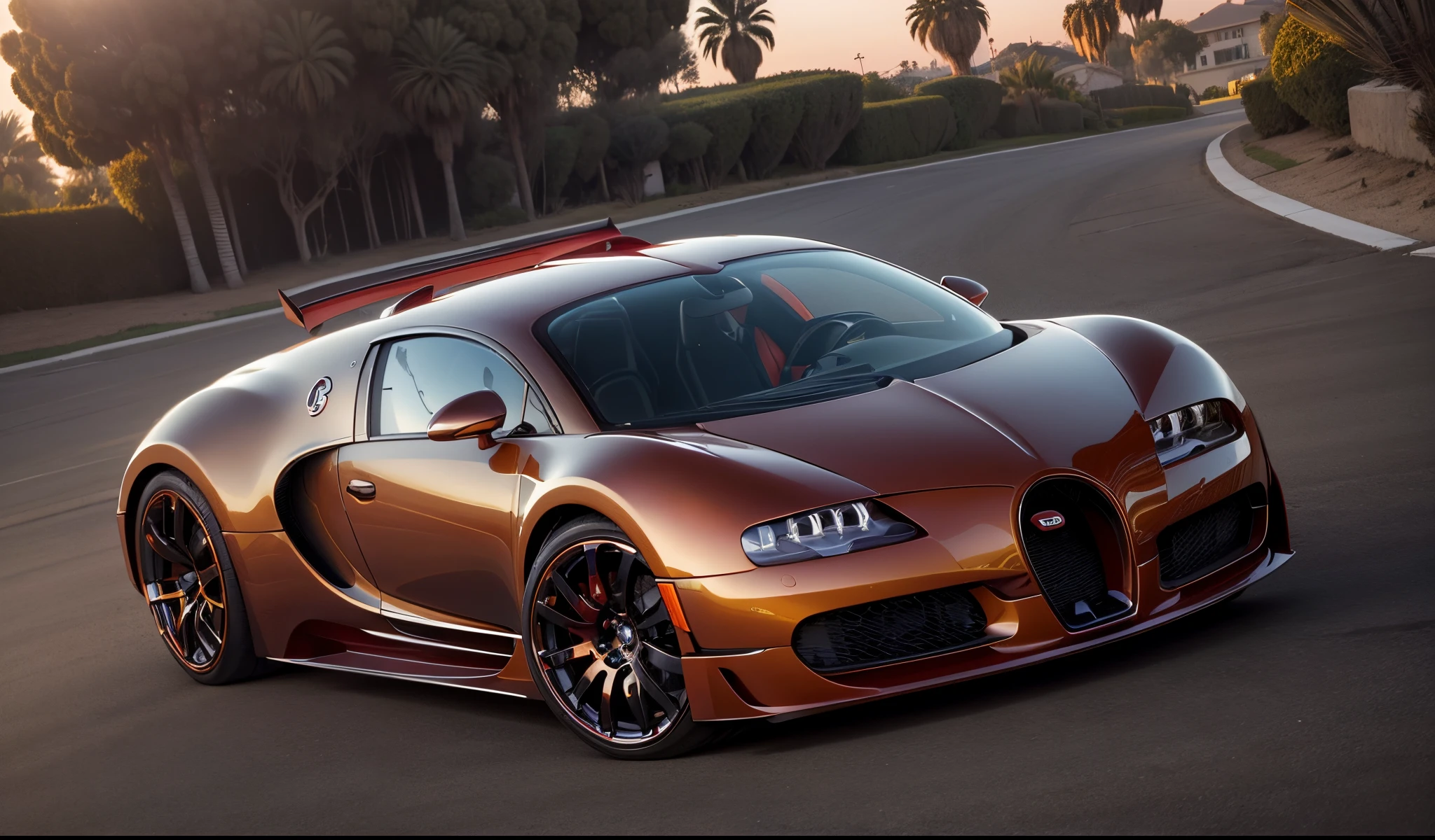 Imponente Bugatti vermelha esportiva Show Car, enormes rodas BBS, Ridiculously low posture parked near palm trees and beautiful mansions in sunny California