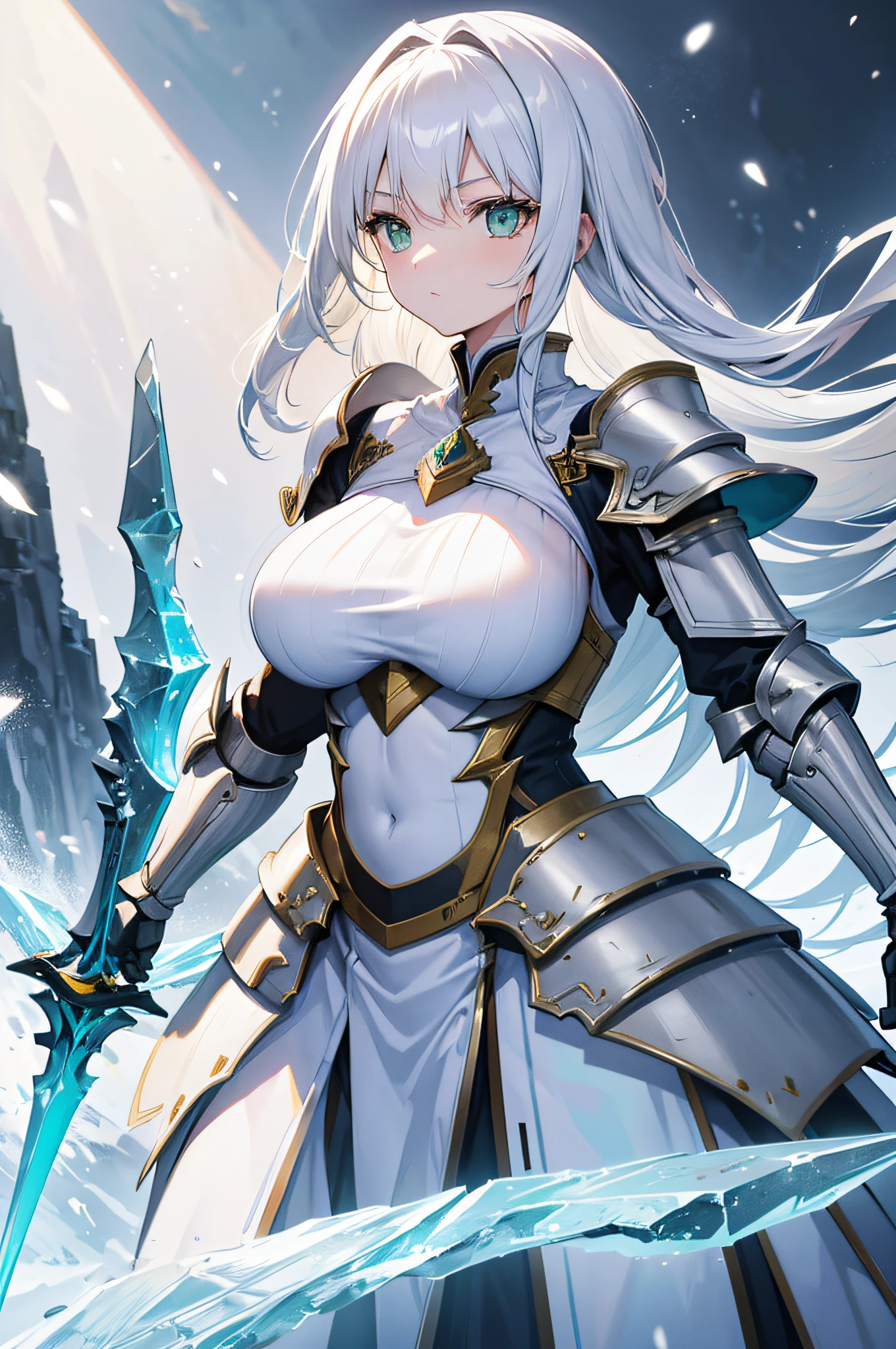 (((masterpiece))), best quality,(noelle_silva),long hair ,twintails,purple eyes,silver hair, bangs, ((water_armor)), earring, wings, blurry background, crown, valkyrie, armored dress, angel, night, holding water sword, fighting stance