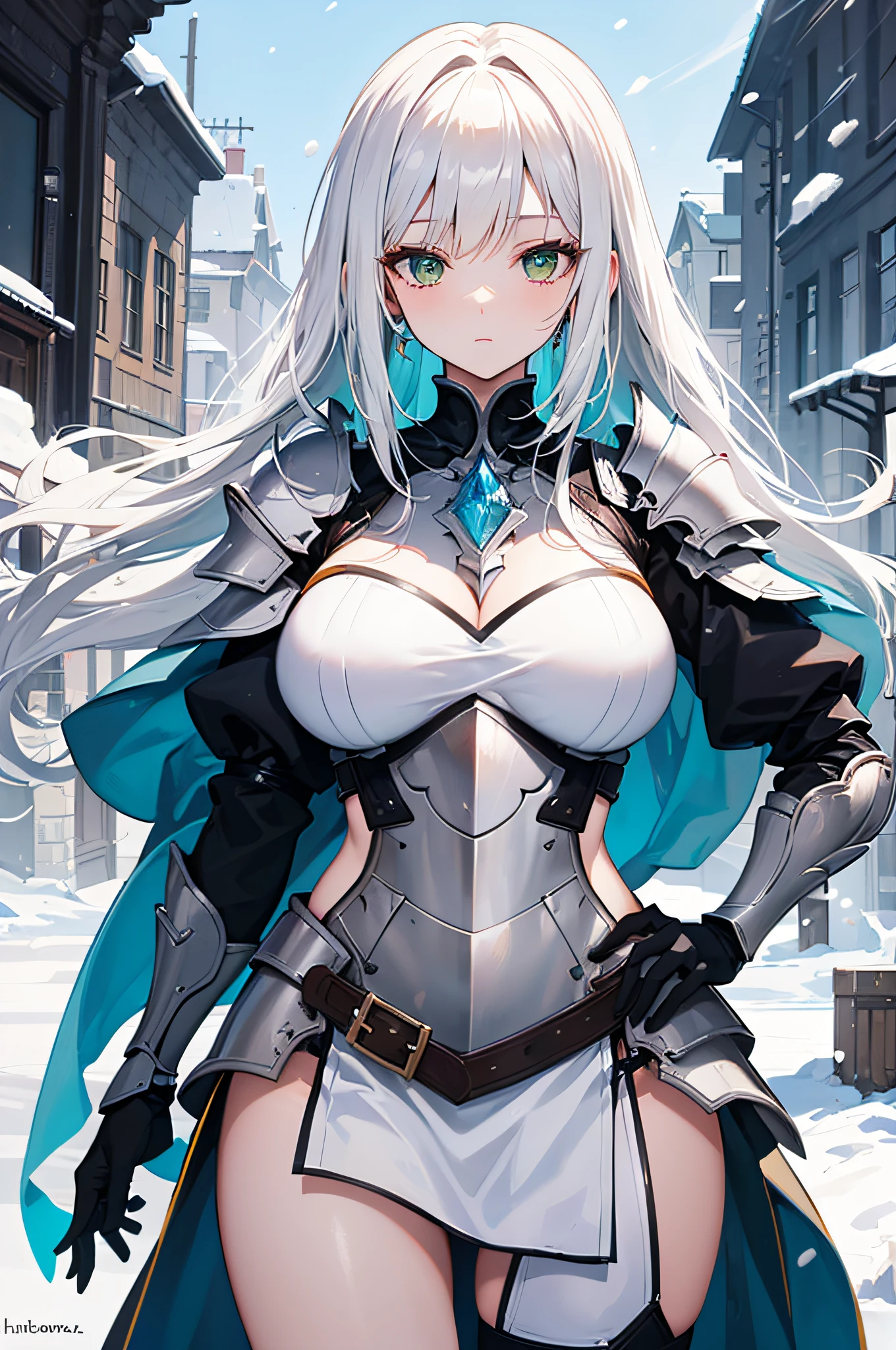 4k,hight resolution,One Woman,white yellow hair,Longhaire,Bright green eyes,large full breasts,The brave,armor made of crystal,Heavy Armor,Crystal Sword,snow country,blizzard background