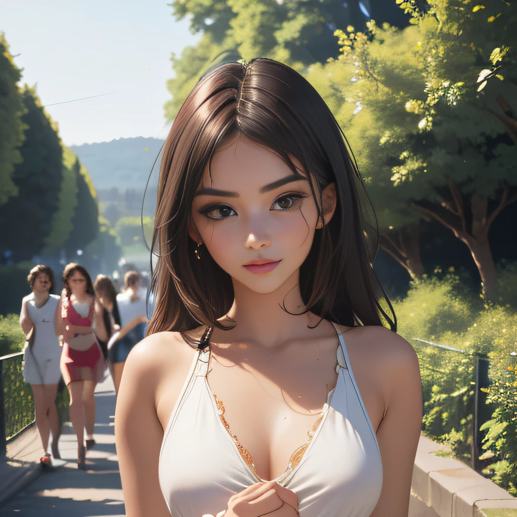 sfw, (Extremely detailed 8k wallpaper:2), (photo:2), (soigne Beautiful girl:2), (gives a lecture to friends:2), detailed (Face and eyes), (hyper realistic:1), (highly detailed:1), (epic realistic:1), rim light, (maximum details:1), cozy, (fullbody:1.0), (looking at viewer:2.0), (Woman's Attractive Qualities:2), (Attractive Woman:2), (Attractive:2), Smile, Intelligence, Empathy, Gracefulness, Sense of Style, Fitness, Grooming, Optimism, (Sensitivity:2), Sincerity, Romantic Gestures, Playfulness, Fashion Sense, (Sensuality:2), Charm, Modesty, Thoughtfulness, (Femininity:1), Flirtatiousness, Warmth, (Physical attractiveness:2), A beautiful smile, A love of life, strength and power, vulnerability, curiosity, wonder, love, (nature background:2), kawaii, waifu, Beautiful breasts, (attractive body:2), (Beautiful body:2), Beautiful pose, attractive pose, (Beautiful legs:1.0), (spread legs:1.0), (Beautiful clothes:1), (classic clothes:2), (elegant clothes:2), (European clothes:2), detailed clothes, (skirt:1), (blouse:1), (provocative pose)