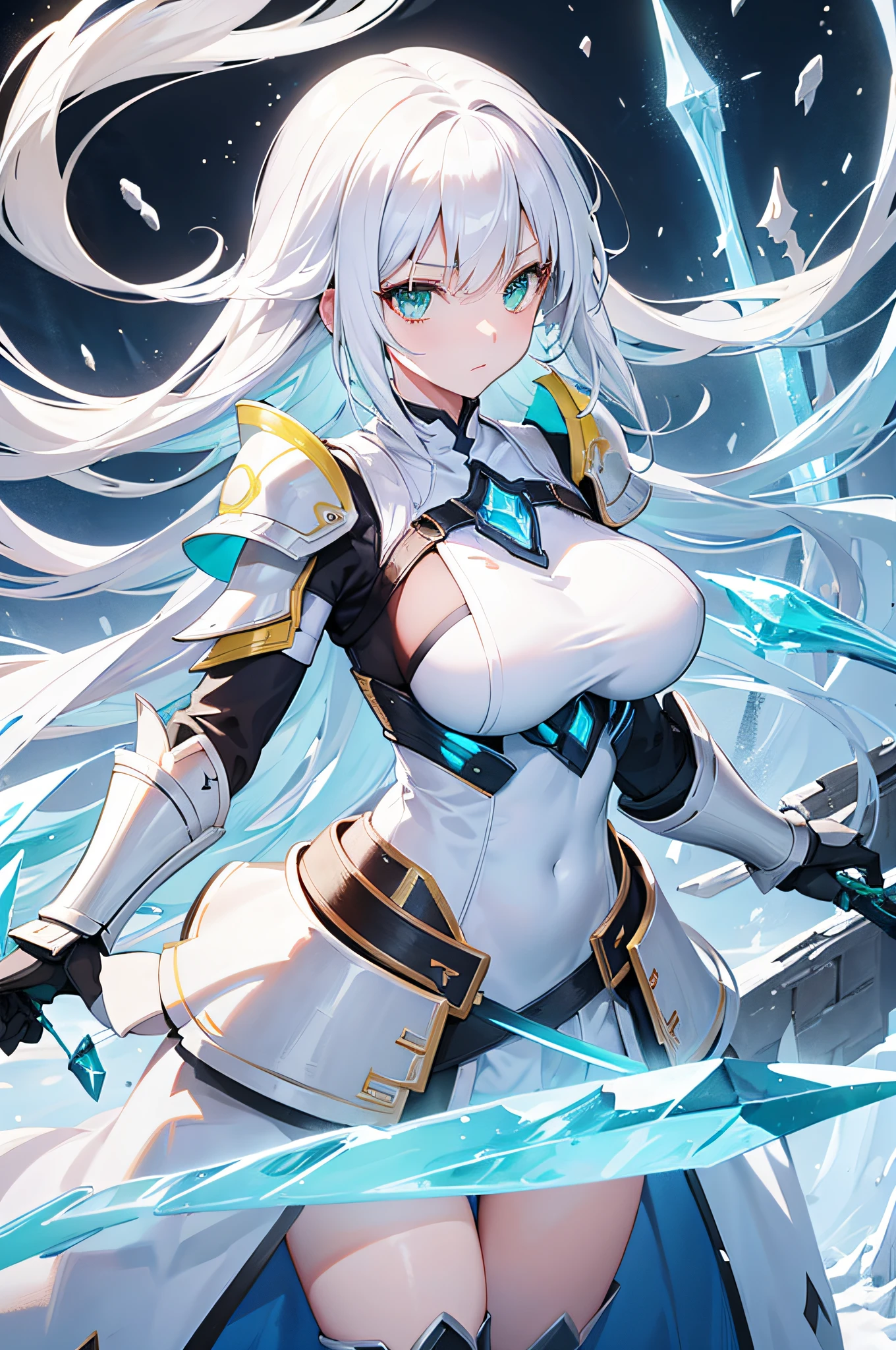 4k,hight resolution,One Woman,white yellow hair,Longhaire,Bright green eyes,large full breasts,The brave,armor made of crystal,Crystal Sword,snow country,blizzard background