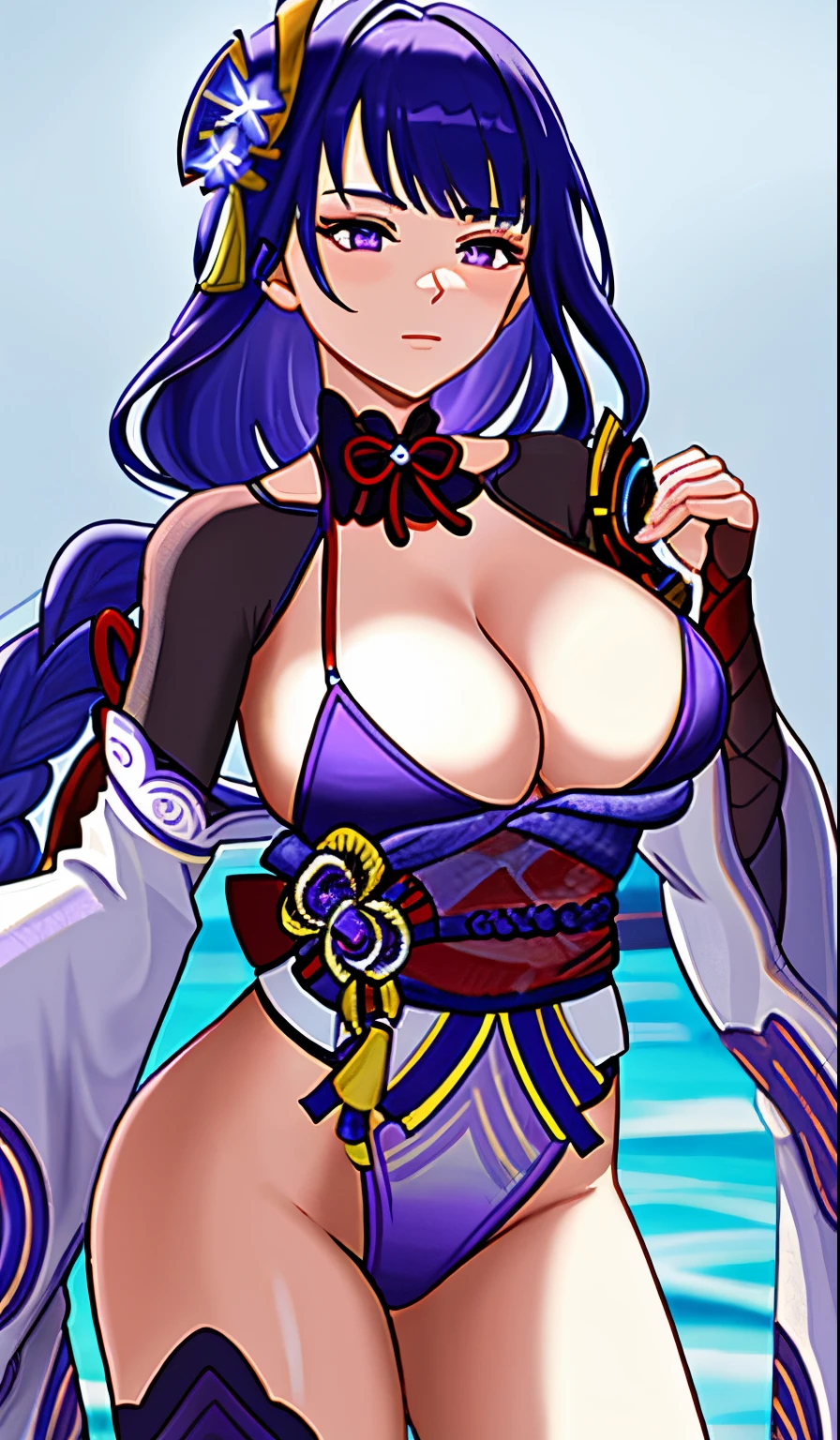 Shogun raiden, sensual pose, bikini, large detailed breasts