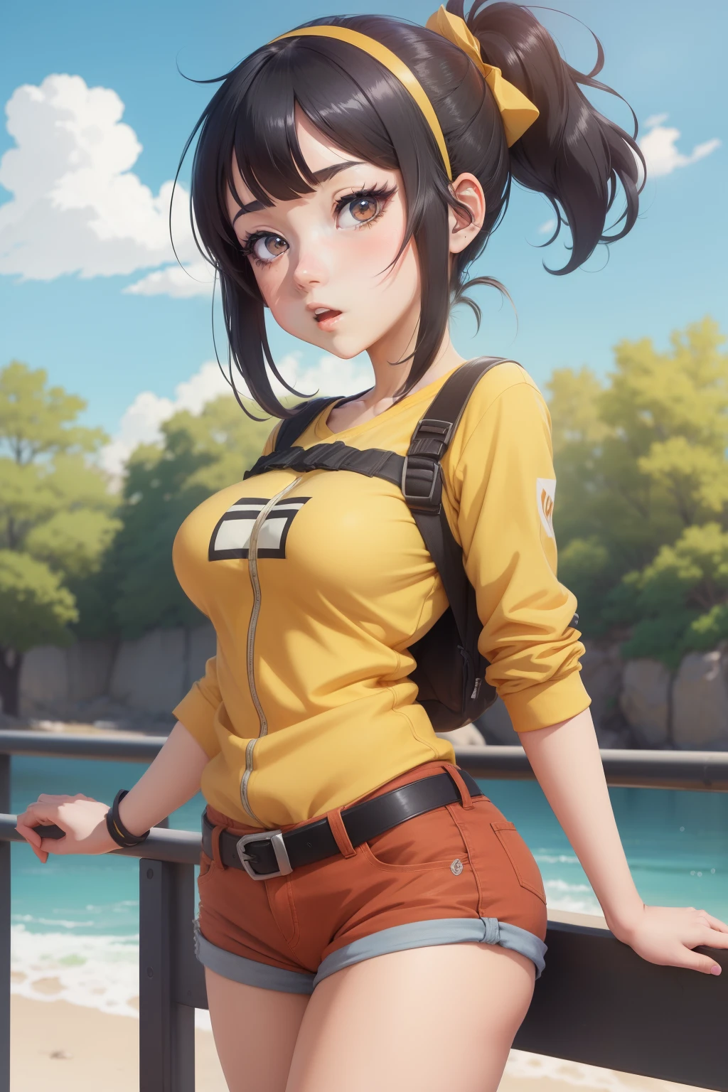 Ass support, nsfw:1.3, 8K,hightquality,masterpiece,1girll, SOLO, purple eyes, brown hair, seven deadly sins, diane, breasts, inverted_nipples, twintails, cleavage, orange leotard, large breasts, leotard, gloves, fingerless gloves, blush, backpack, bag, outdoors, nature, single glove, long hair, forest, puffy sleeves, bush, short sleeves, elbow gloves, grass, trees