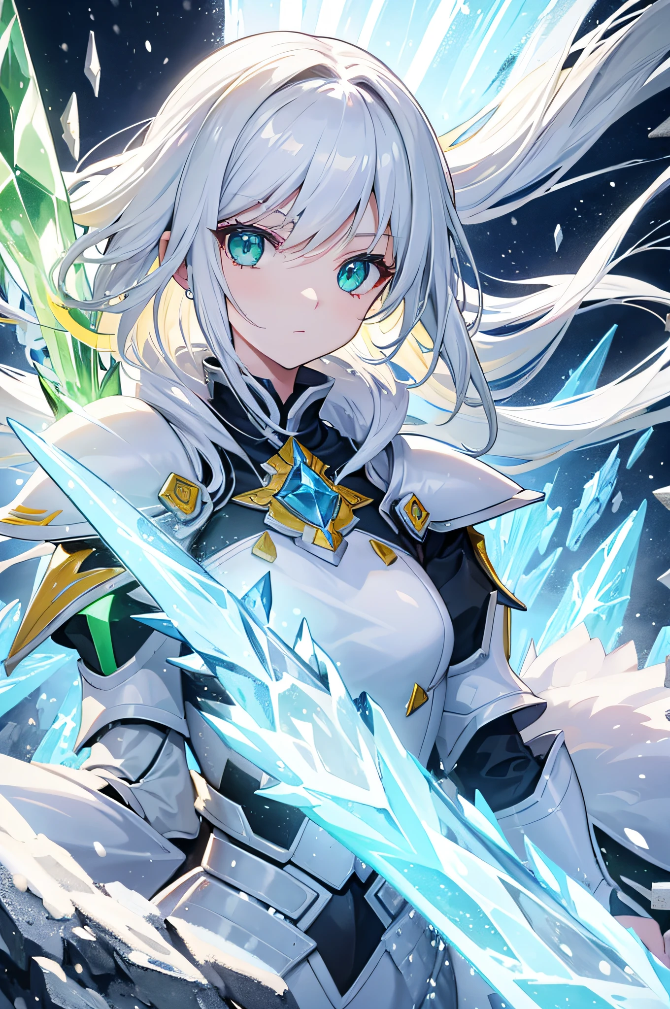 4k,hight resolution,One Woman,white yellow hair,Longhaire,Bright green eyes,The brave,armor made of crystal,Crystal Sword,snow country,blizzard background