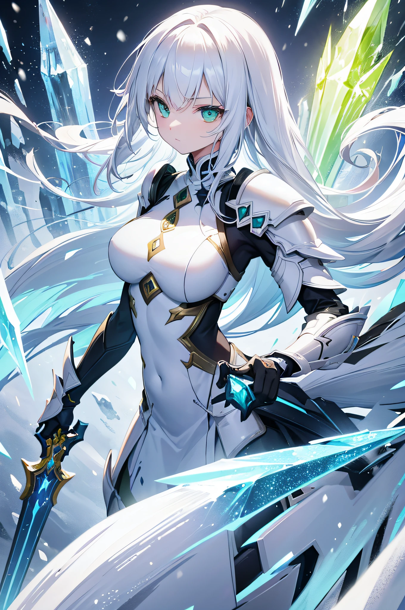 4k,hight resolution,One Woman,white yellow hair,Longhaire,Bright green eyes,The brave,armor made of crystal,Crystal Sword,snow country,blizzard background