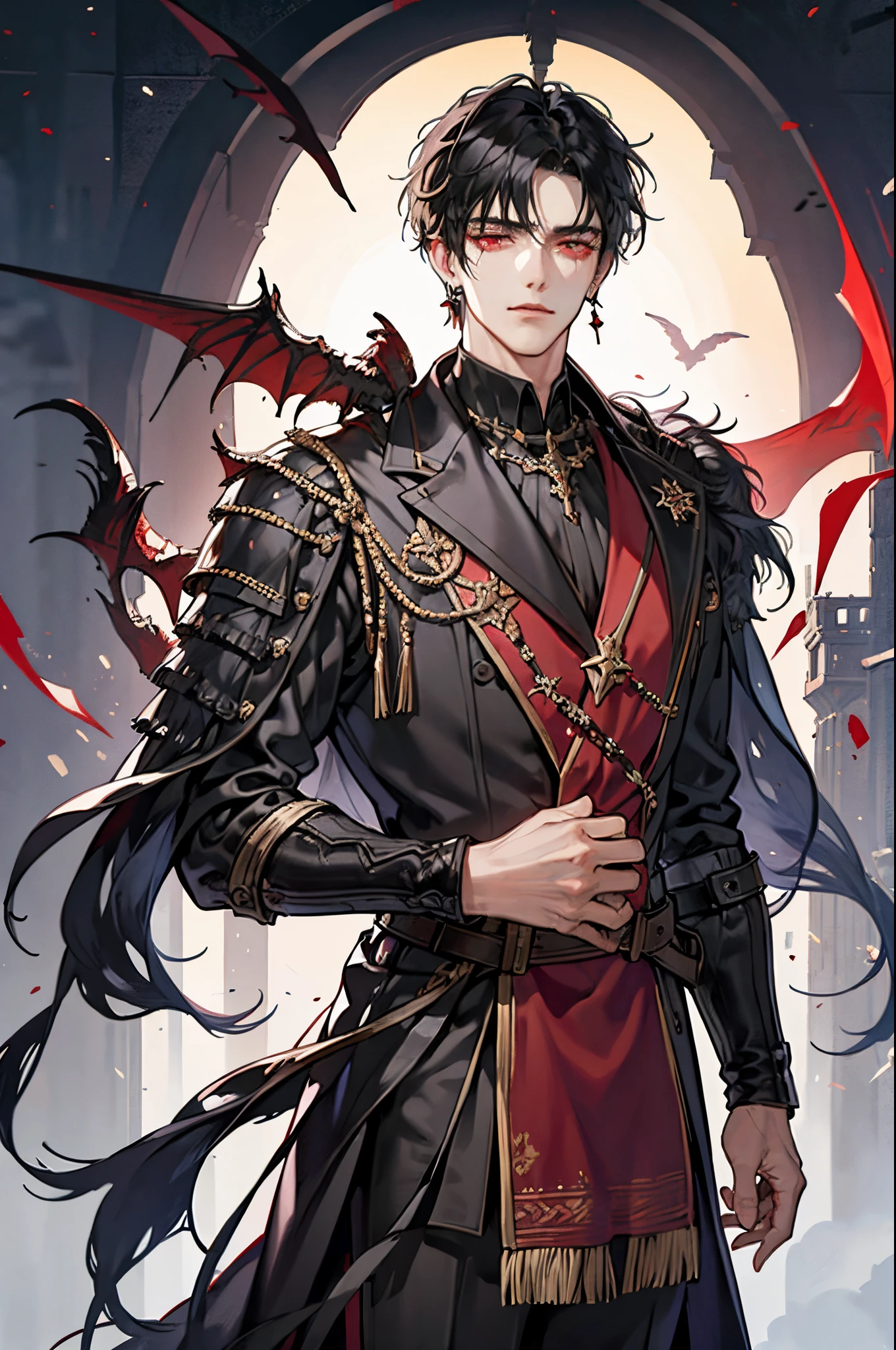 1 male, adult, adult face, short messy black hair with side bangs,handsome, blood red eyes, detailed eyes, condescending, arrogant, royalty, tyrannical ruler, medieval fantasy, dark souls, close up, condescending, medieval castle background, earrings,