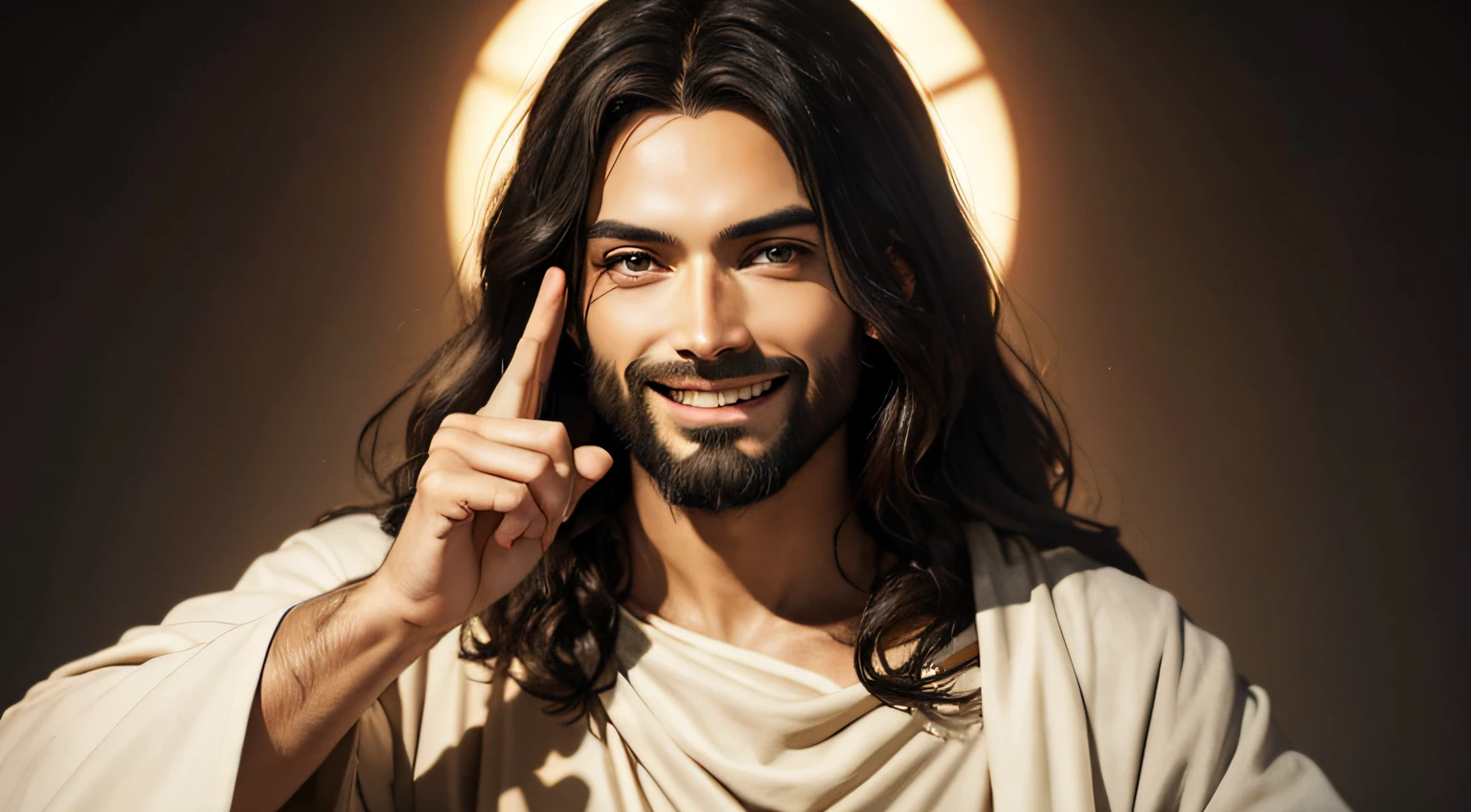 A VERY EYE-CATCHING IMAGE OF JESUS WITH A SMILE POINTING FORWARD