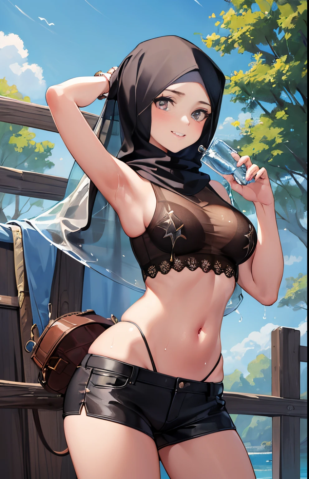 masterpiece, best quality, ultra-detailed, illustration, 1girl, ((looking at viewer)), (cowboy shot), smile,hijabi,
Soaking Wet Clothes And Hair, See-Through Tank Top, Navel, Short Pants, Looking Up The Sky, Brilliant Colorful Paintings