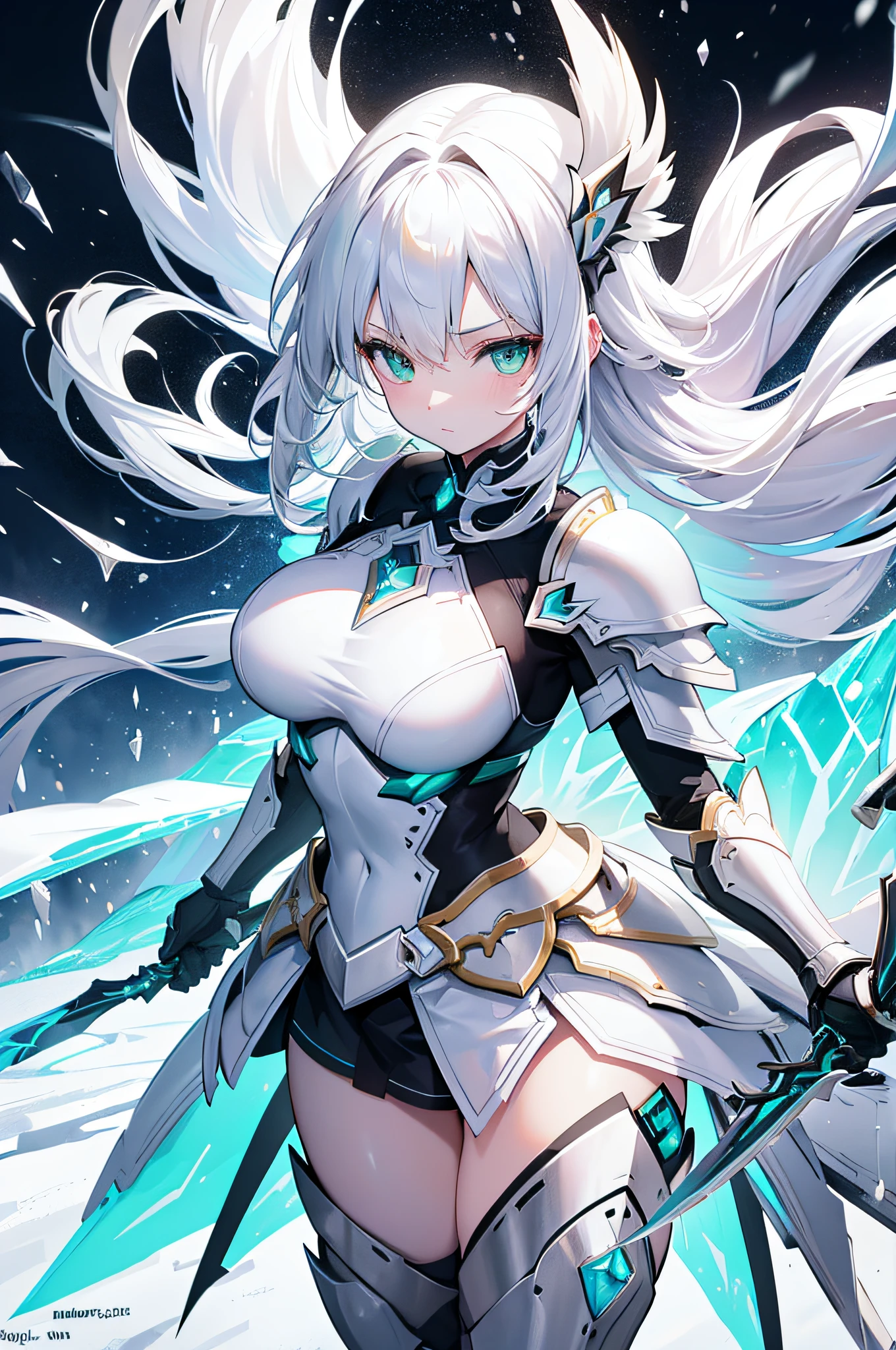 4k,hight resolution,One Woman,white yellow hair,Longhaire,Bright green eyes,large full breasts,The brave,armor made of ice,Crystal Sword,snow country,blizzard background