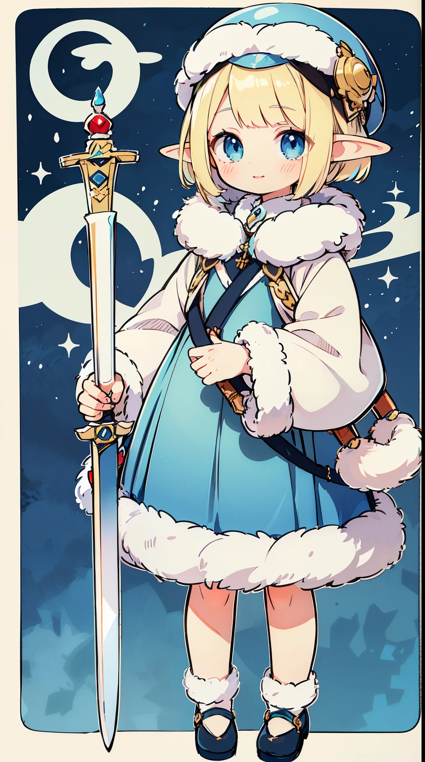 1elf girl, solo, (white blonde hair, Deep Blue Eyes:1.2), Perfect lips, short hair, hair strand, asymmetrical bangs:1.3, light smile, hat, fur trim, fur-trimmed sleeves, long sleeves, holding weapon, sword, chibi. A illustration of a lady with blue hair. By Yusuke Murata