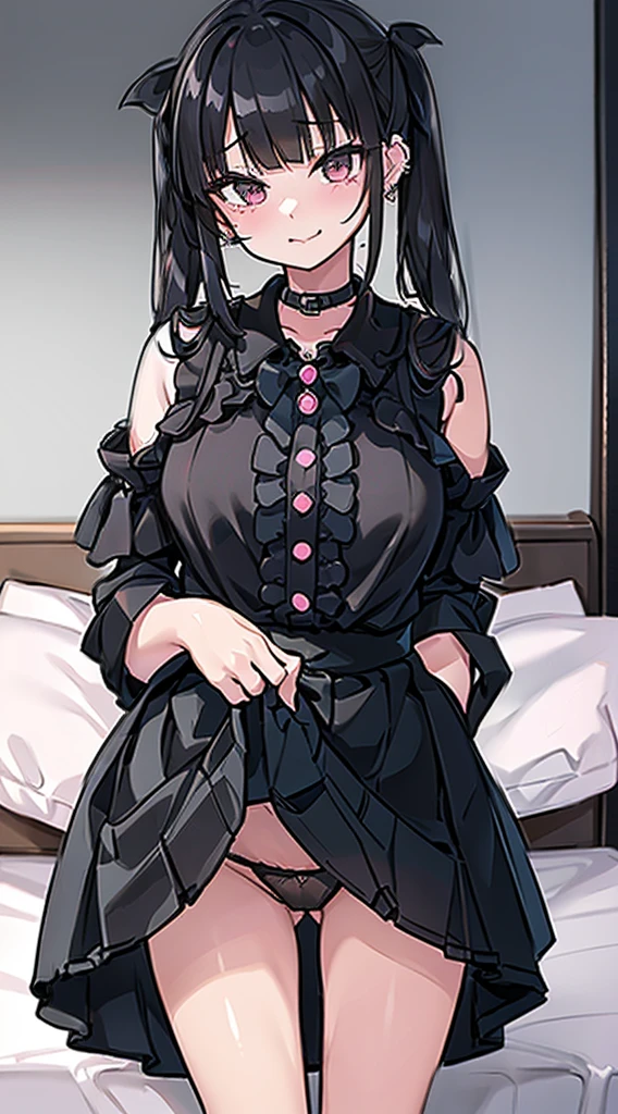 (8K、Top image quality、top-quality、masterpiece)、1 girl in、A dark-haired、short-hair、((Twin-tailed))、waved hair、blunt bangs、Gray eyes、piercings、evilsmile、Moderately breasts、Pink ruffled clothes、off shoulders、long-sleeve、a black ribbon、Black miniskirt、((skirt lift))、((black panties))、(jirai kei attire)、cowboy shot、darkened room、bedroom background