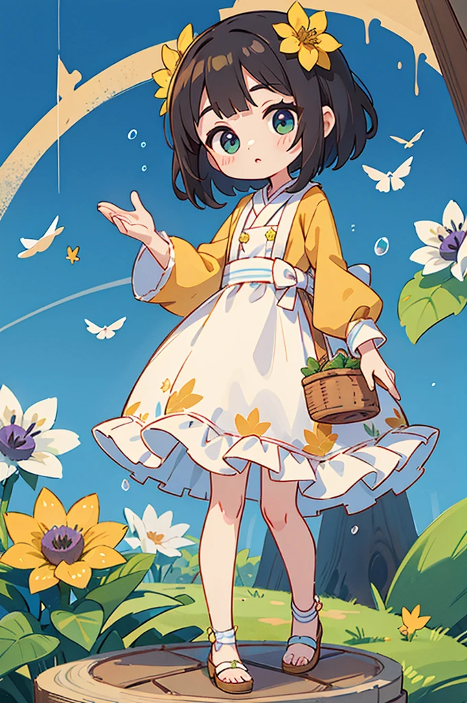 fotoRealstic、Doll standing in front of painting、roupas de banho、cara de riso、Water droplets on the cheeks、Strike an extended pose、Sengai、Pixiv、RococoStyle、dollfie sonho、aquarela Nendoroid、(High Definition Figure)、Seda iridescente fluindo、Nendroid、para cima do rosto、There are also flowers in front of the Nendroids、Morning Glory Petals、season!!: 夏☀ 🍂 朝顔