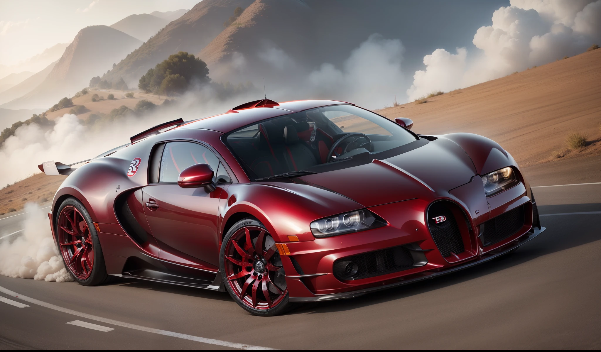 Photorealistic red Bugatti sports car drifting on mountain road, Formula Drift, Oversteer, Smoke coming from the rear tires, carro deslizando lateralmente perto do penhasco, deriva, Gincana, Rali Cross, Automatic crossing