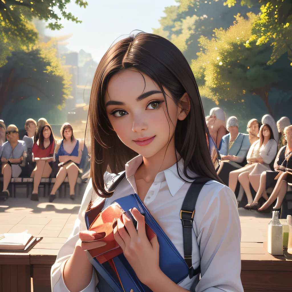 sfw, (Extremely detailed 8k wallpaper:2), (photo:2), (soigne Beautiful girl:2), (gives a lecture to friends:2), detailed (Face and eyes), (hyper realistic:1), (highly detailed:1), (epic realistic:1), rim light, (maximum details:1), cozy, (fullbody:1.0), (looking at viewer:2.0), (Woman's Attractive Qualities:2), (Attractive Woman:2), (Attractive:2), Smile, Intelligence, Empathy, Gracefulness, Sense of Style, Fitness, Grooming, Optimism, (Sensitivity:2), Sincerity, Romantic Gestures, Playfulness, Fashion Sense, (Sensuality:2), Charm, Modesty, Thoughtfulness, (Femininity:1), Flirtatiousness, Warmth, (Physical attractiveness:2), A beautiful smile, A love of life, strength and power, vulnerability, curiosity, wonder, love, (nature background:2), kawaii, waifu, Beautiful breasts, (attractive body:2), (Beautiful body:2), Beautiful pose, attractive pose, (Beautiful legs:1.0), (spread legs:1.0), (Beautiful clothes:1), (classic clothes:2), (elegant clothes:2), (European clothes:2), detailed clothes, (skirt:1), (blouse:1), (provocative pose)