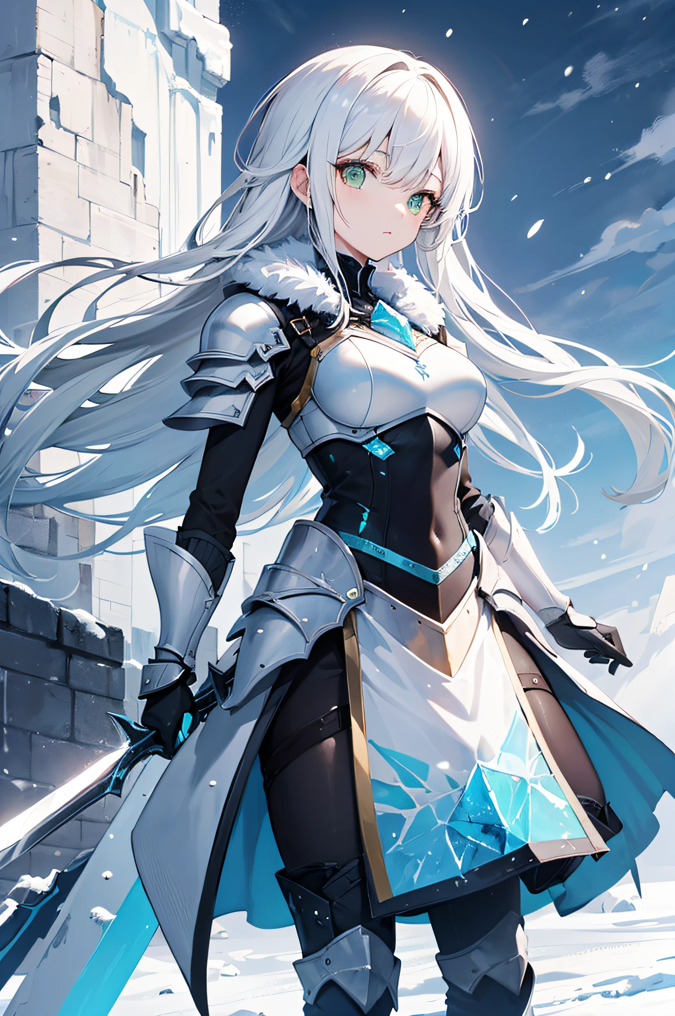 A close up of a person with a sword in a snowy field - SeaArt AI