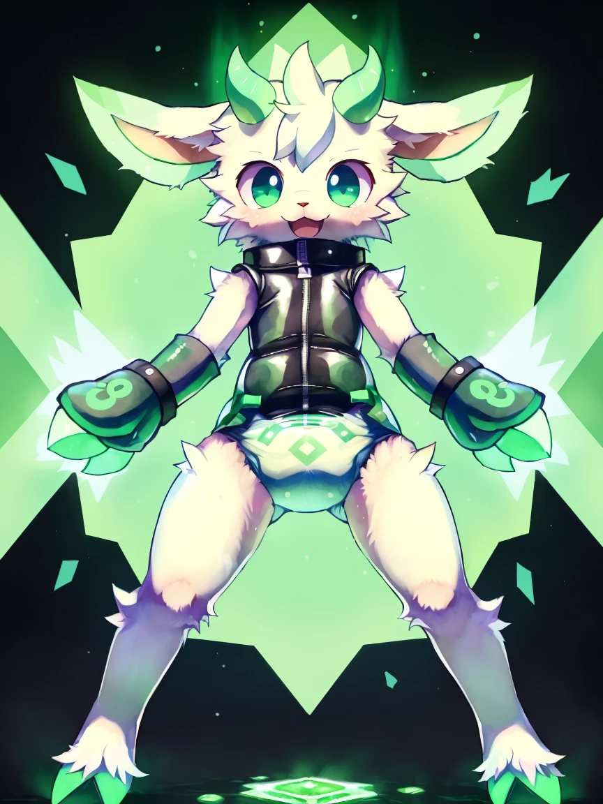 ((by wadorigi on Twitter)(Lamb)), pokemon, ??? proportions, cute, adorable  , thin thighs, hooves,  upper limb hooves, light green fur, emerald horns, green   whirlwind with clouds, wearing soggy messy diaper leotard straitjacket, (leather cube shaped padded  fist mitts), leather wrist cuffs, standing, in laboratory