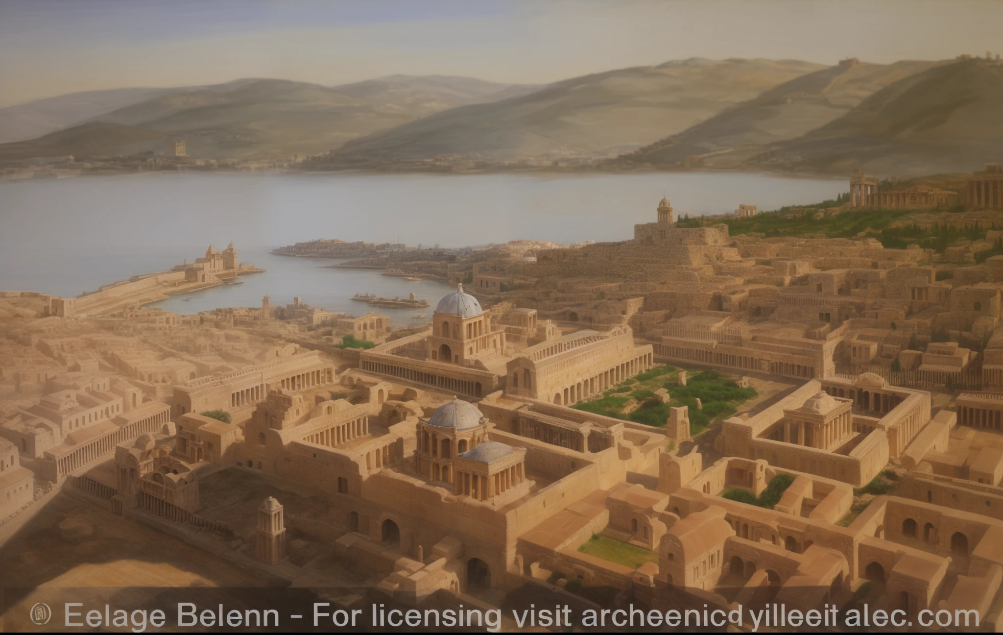 a painting of a city with a clock on the top of it, ancient mediterranean city, ancient greek city, by László Balogh, by Rudolph Belarski, ancient city landscape, ancient city, ancient persian city, archeology, ancient mediterranean village, by John Moonan, roman city, ancient roman setting, detailed art