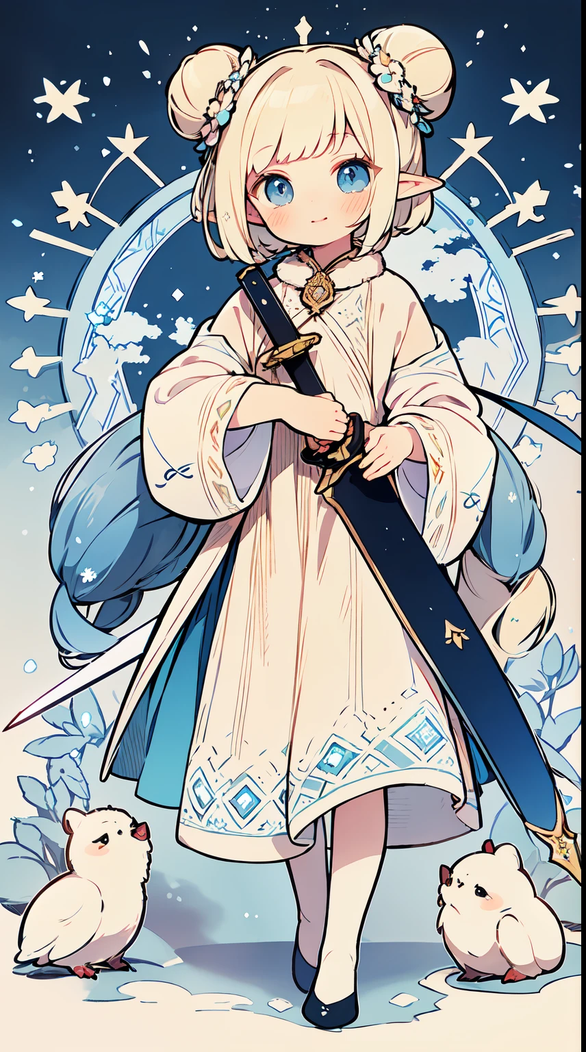 1elf girl, solo, (white blonde hair, Deep Blue Eyes:1.2), Perfect lips, Birdcage Bun, asymmetrical bangs:1.3, light smile, fur trim, fur-trimmed sleeves, long sleeves, holding weapon, sword, chibi. A illustration of a lady with white hair and a sword is in the snow, snowflakes. by Alphonse mucha