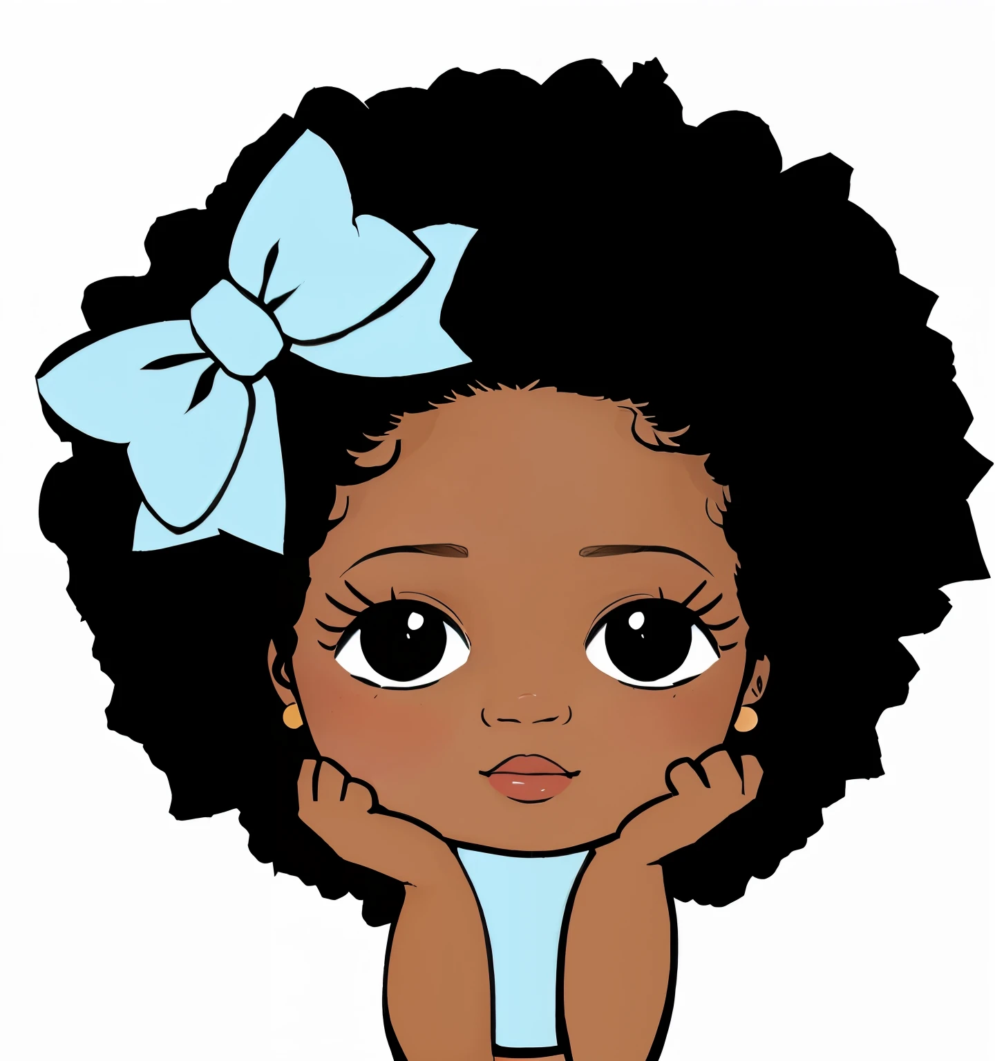 ,negra,cabelo curto, cacheados,with bow in the hair,with hand on face ,sorrindo,com blusa azul e rosa