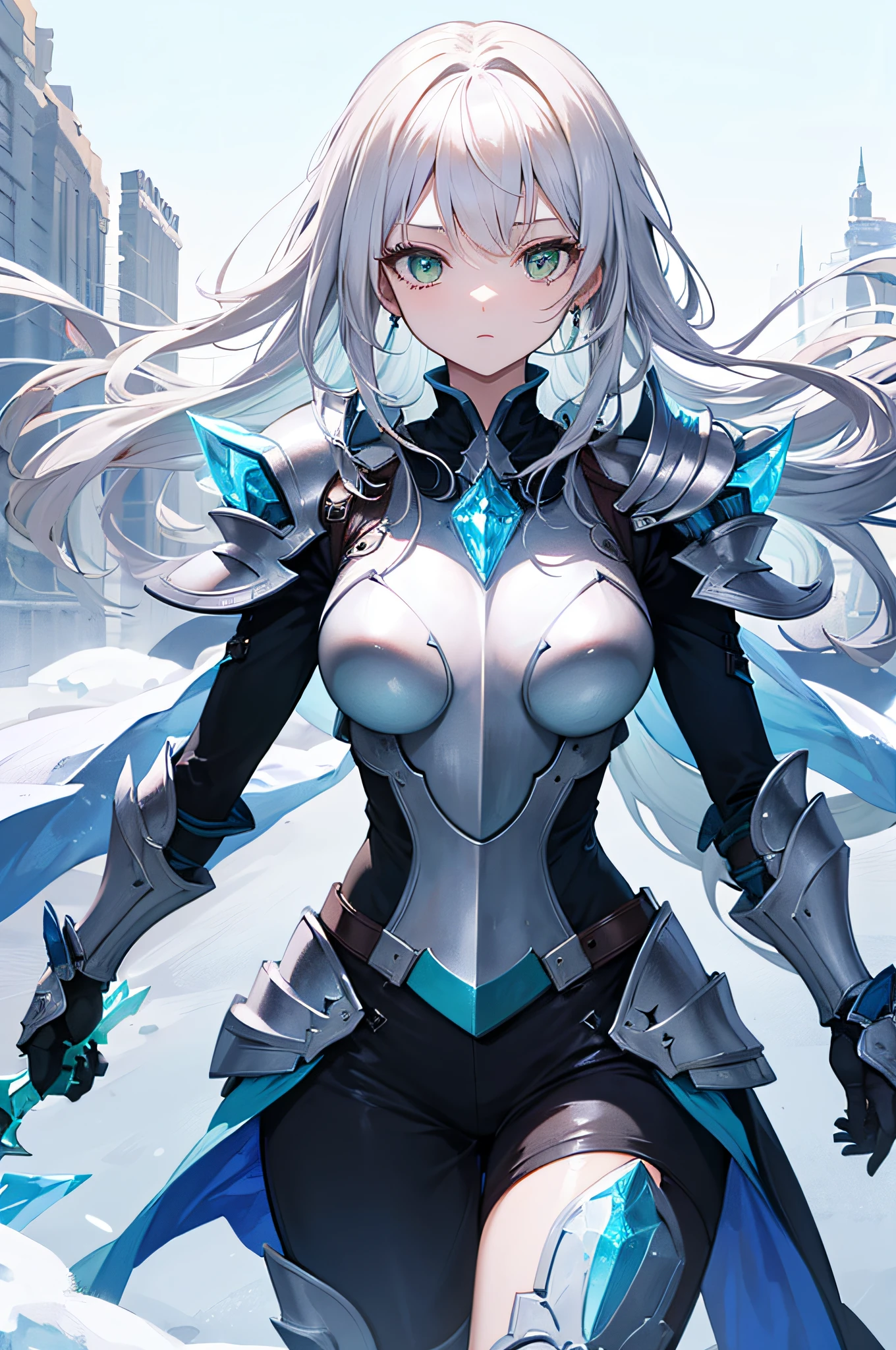 4k,hight resolution,One Woman,white yellow hair,Longhaire,Bright green eyes,The brave,armor made of ice,Crystal Sword,snow country,blizzard background