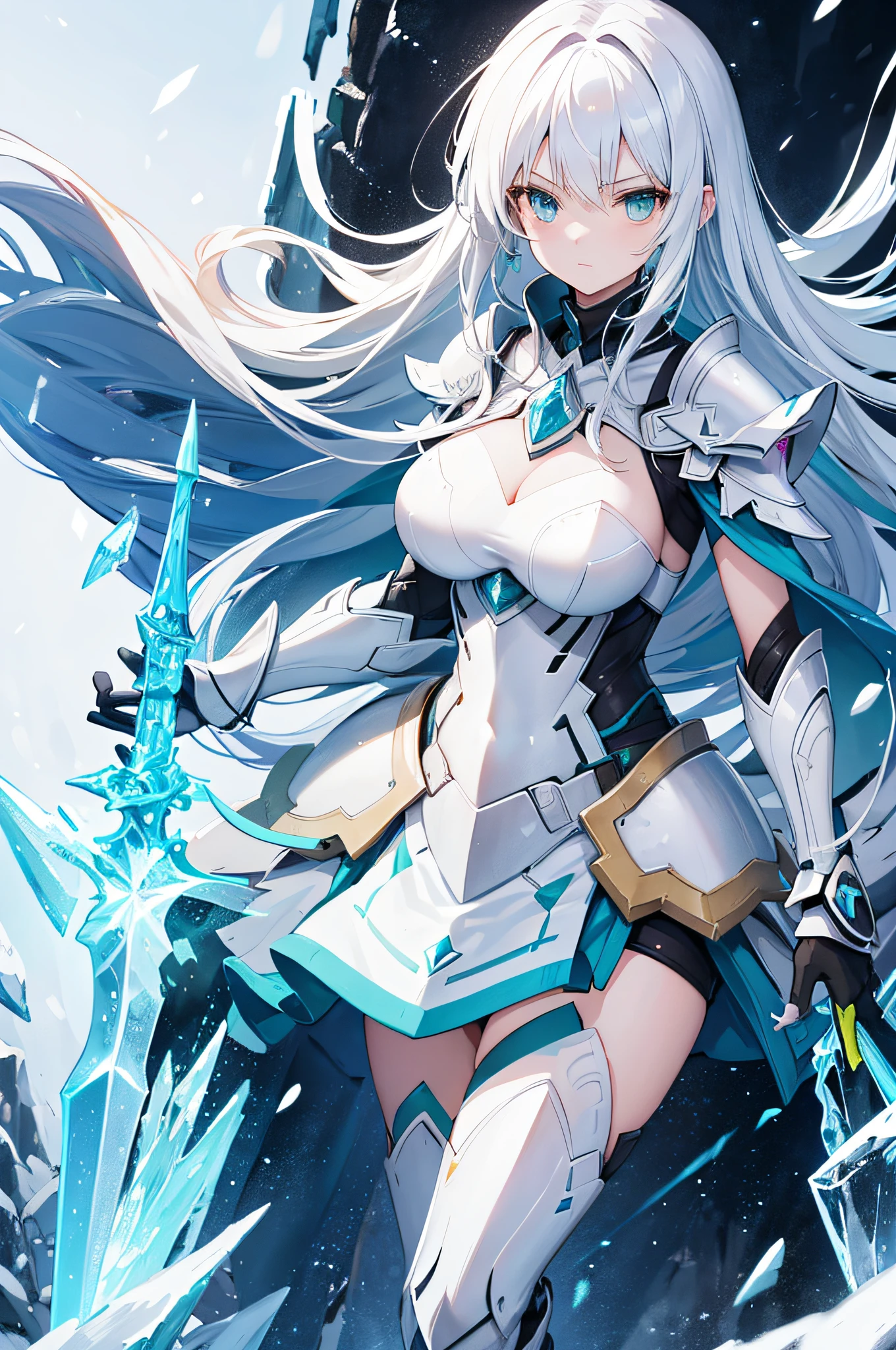 4k,hight resolution,One Woman,white yellow hair,Longhaire,Bright green eyes,large full breasts,The brave,armor made of ice,Heavy Armor,Crystal Sword,snow country,blizzard background
