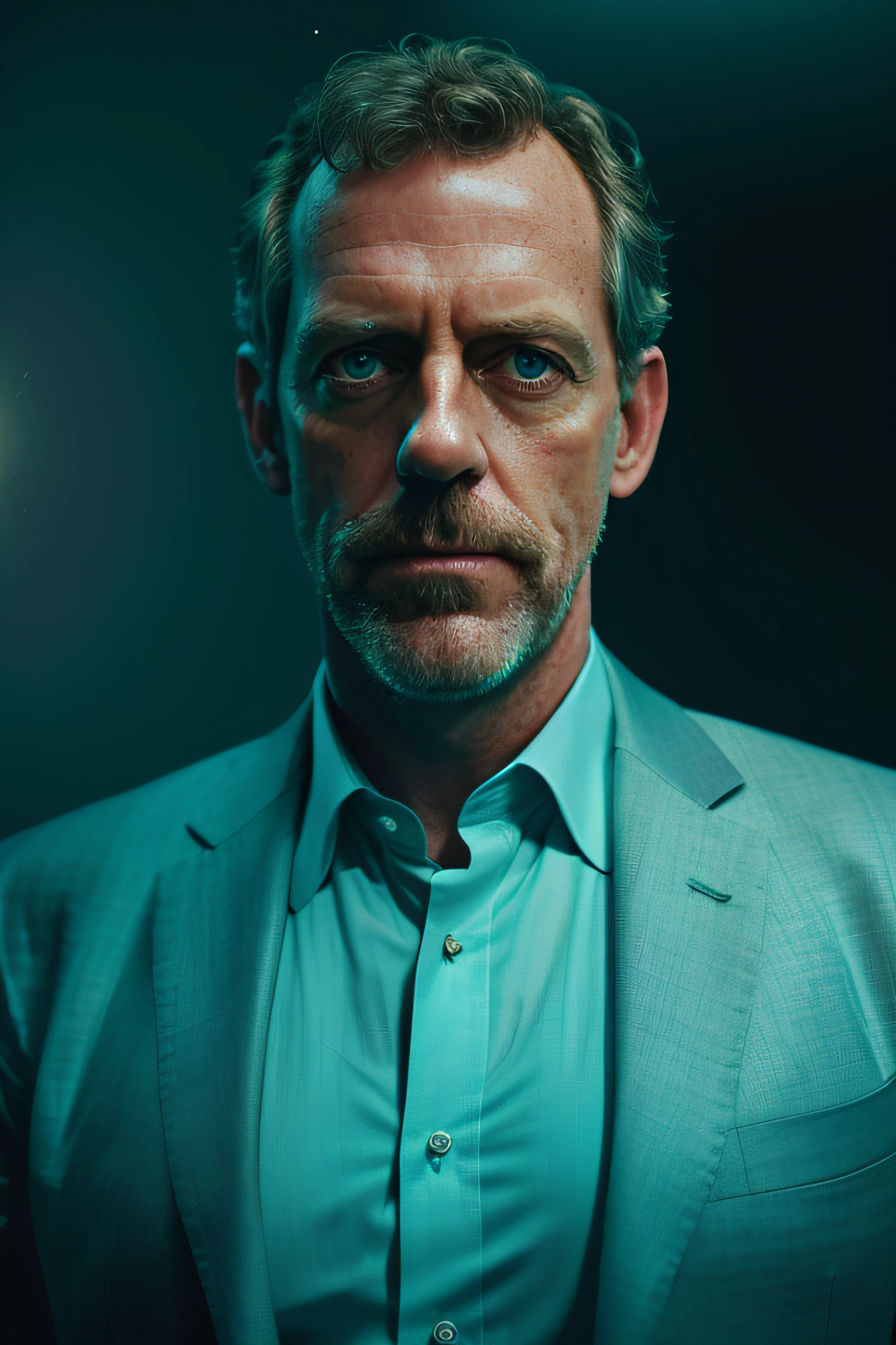 portrait of a award winning photo of hugh laurie posing in a dark studio, (rim lighting,:1.4) two tone lighting, sharp focus, teal hue, octane, unreal, dimly lit, low key,