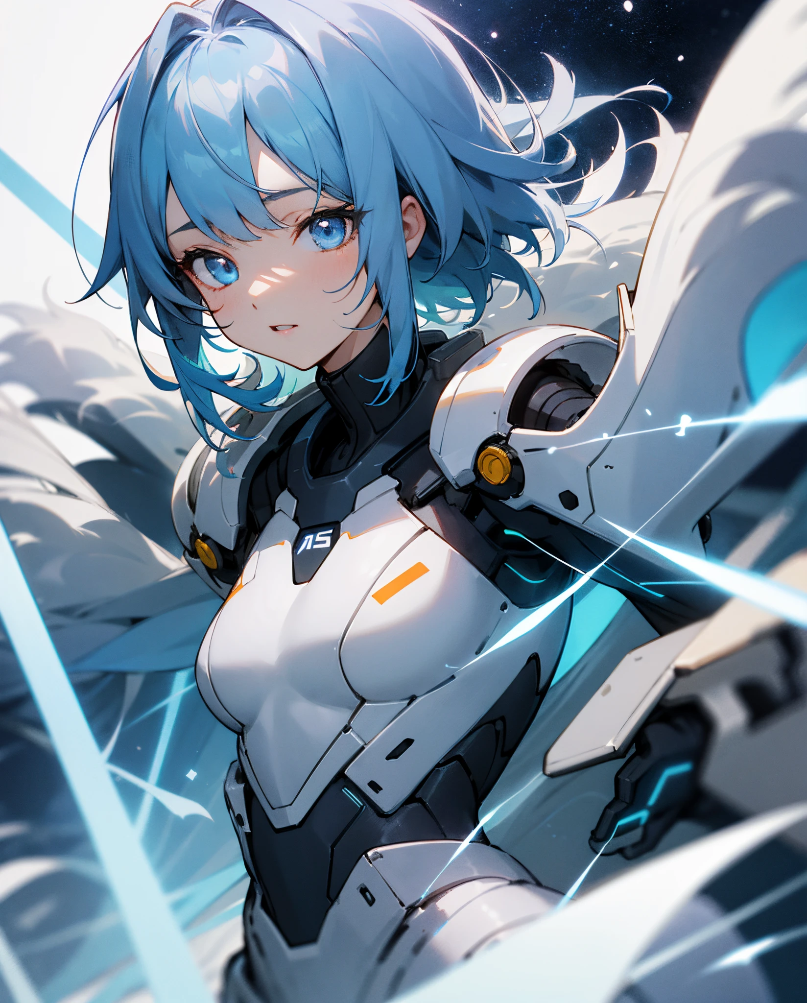 top-quality、Top image quality、masterpiece、超A high resolution、Android Beautiful Girl、sixteen years old, Glowing white cyber suit, White energy source in the chest、Blue shiny hair、Fluffy hair,Blue eyes、A slender、The face is depicted in detail、Eyes are drawn in detail、Clothes are depicted in detail、The background is detailed、hiquality、Beautiful Art、Fantastic Universe、Elaborate design、soio、sorcerer、animesque、illustratio