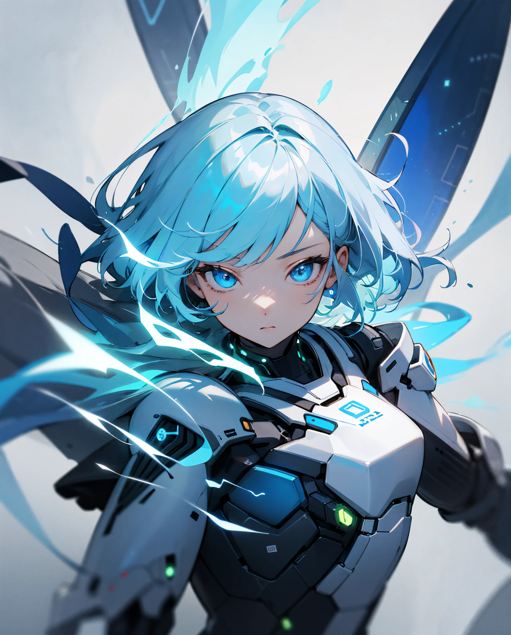top-quality、Top image quality、masterpiece、超A high resolution、Android Beautiful Girl、sixteen years old, Glowing white cyber suit, White energy source in the chest、Blue shiny hair、Fluffy hair,Blue eyes、A slender、The face is depicted in detail、Eyes are drawn in detail、Clothes are depicted in detail、The background is detailed、hiquality、Beautiful Art、Fantastic Universe、Elaborate design、soio、sorcerer、animesque、illustratio