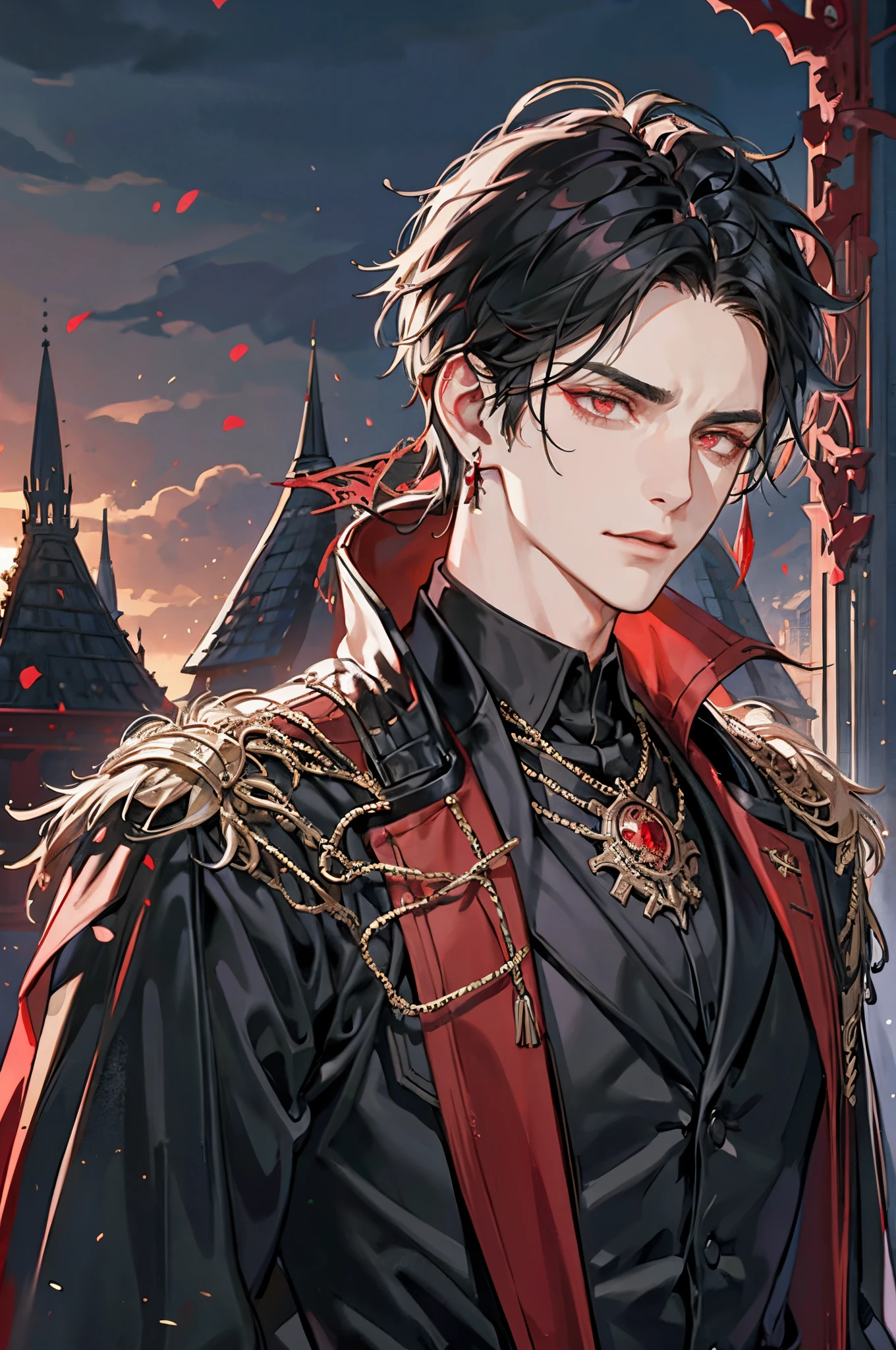 1 male, adult, adult face, short messy black hair , handsome, beautiful, blood red eyes, detailed eyes, condescending, arrogant, royalty, tyrannical ruler, dark souls, close up, condescending, medieval castle background, earrings, smirk