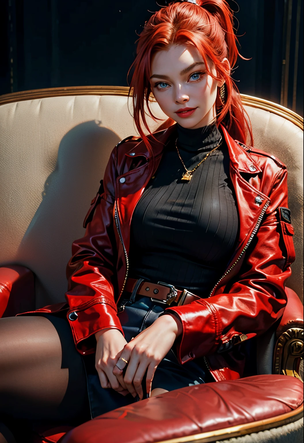 Beautiful woman with blue eyes, red hair, ponytail, black blouse and red jacket, sitting in an armchair, beautiful woman, American Girl, Smile, 19 years