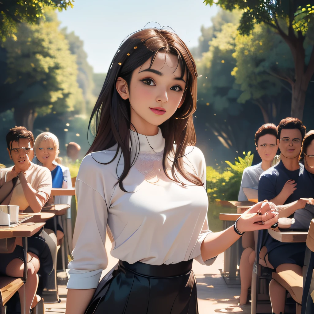 sfw, (Extremely detailed 8k wallpaper:2), (photo:2), (soigne Beautiful girl:2), (gives a lecture to friends:2), detailed (Face and eyes), (hyper realistic:1), (highly detailed:1), (epic realistic:1), rim light, (maximum details:1), cozy, (fullbody:1.0), (looking at viewer:2.0), (Woman's Attractive Qualities:2), (Attractive Woman:2), (Attractive:2), Smile, Intelligence, Empathy, Gracefulness, Sense of Style, Fitness, Grooming, Optimism, (Sensitivity:2), Sincerity, Romantic Gestures, Playfulness, Fashion Sense, (Sensuality:2), Charm, Modesty, Thoughtfulness, (Femininity:1), Flirtatiousness, Warmth, (Physical attractiveness:2), A beautiful smile, A love of life, strength and power, vulnerability, curiosity, wonder, love, (nature background:2), kawaii, waifu, Beautiful breasts, (attractive body:2), (Beautiful body:2), Beautiful pose, attractive pose, (Beautiful legs:1.0), (spread legs:1.0), (Beautiful clothes:1), (classic clothes:2), (elegant clothes:2), (European clothes:2), detailed clothes, (skirt:1), (blouse:1), (provocative pose)
