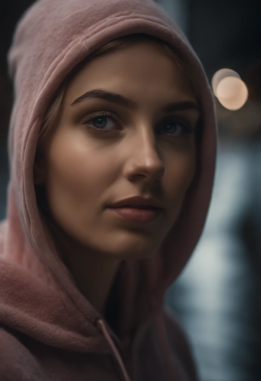 (Masterpiece: 1.3), (8K, Realistic, RAW photo, Best Quality: 1.4), Best Quality, High Resolution, Masterpiece, best detail, 8K, a closeup of a, draw a girl in a fleece tracksuit with a hood