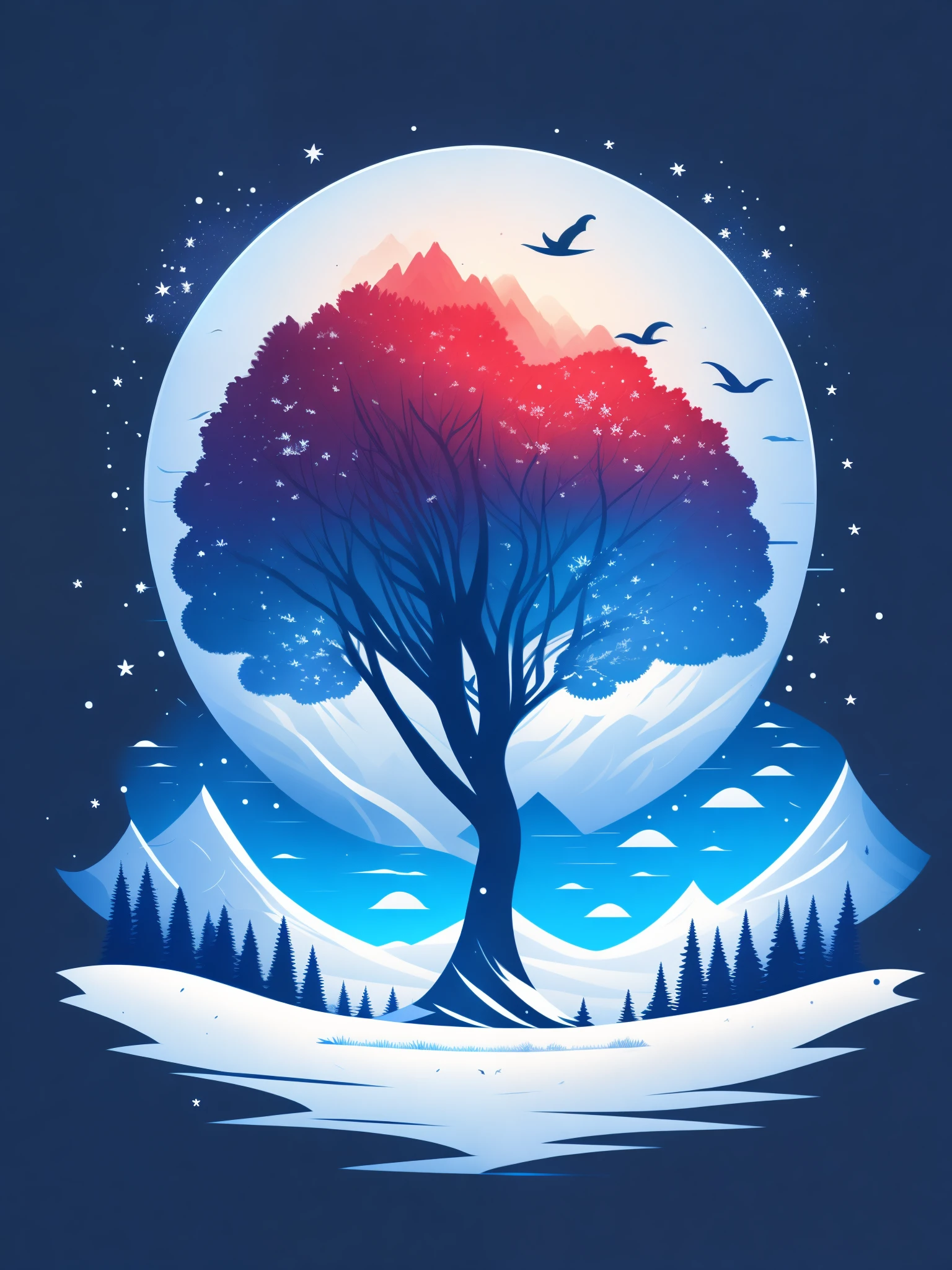 a spruice tree in a winter landscape, tshirt design, rzminjourney, vector-art