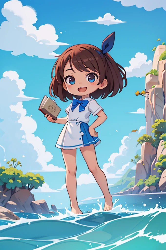 (Chibi:1.4),master part,best quality,Dramatic, 1girl, sozinho, cabelos longos, brown hair, mangas destacadas, boca aberta, sorrir, ao ar livre, water, heaven, dia, hand on hip, ornamento de cabelo, Apontando, Cloud, oceano, vestir, corar, vestido azul, Vadear, blue skies, arco, Standing, :d, Frescuras, Praia, franja, barefoot, Flor do cabelo, saia, ^_^, Visualizador voltado, bowtie, dente,